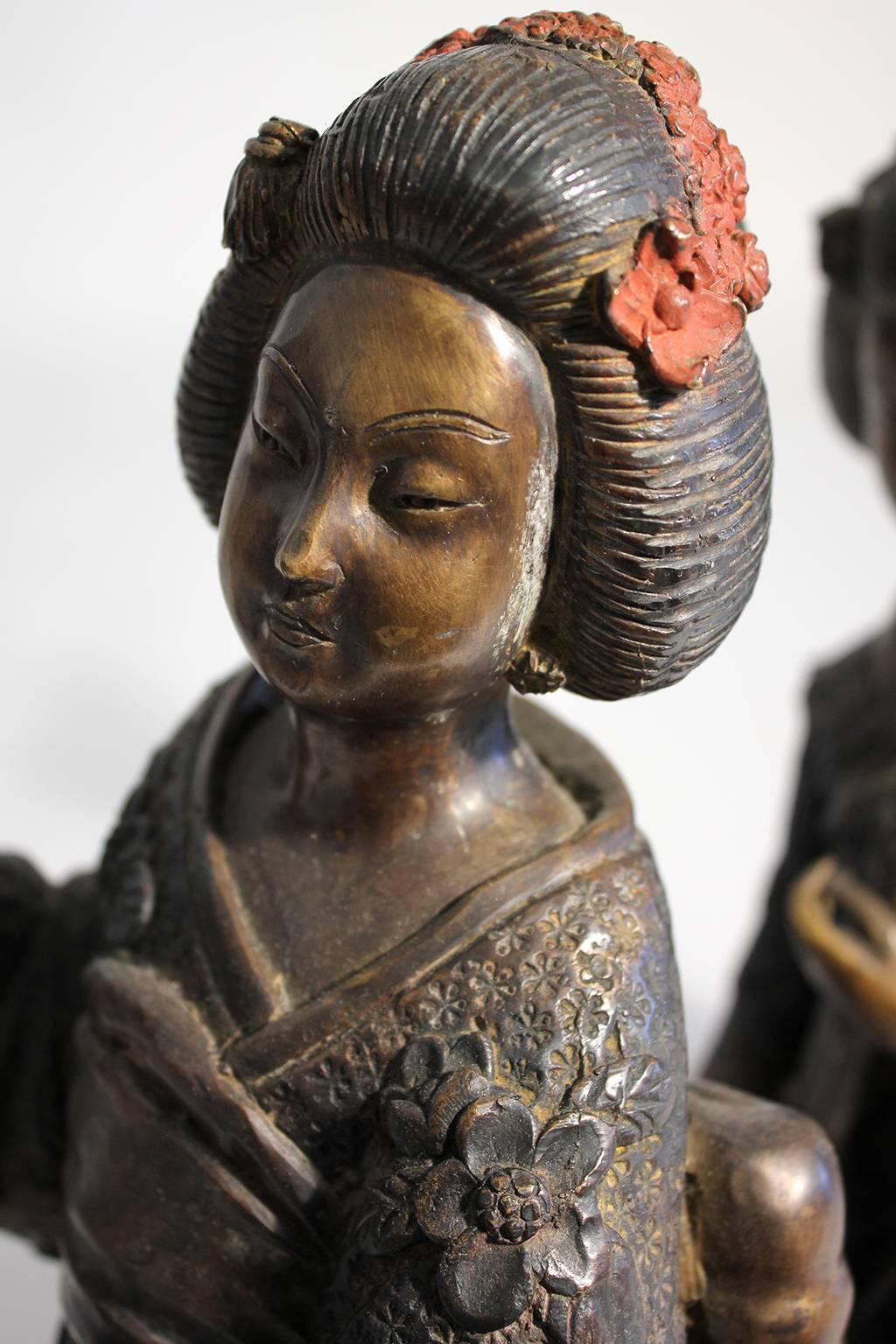 Japanese Geisha Girl, Cold Paint Art Sculptures Figurines Set of Three 1