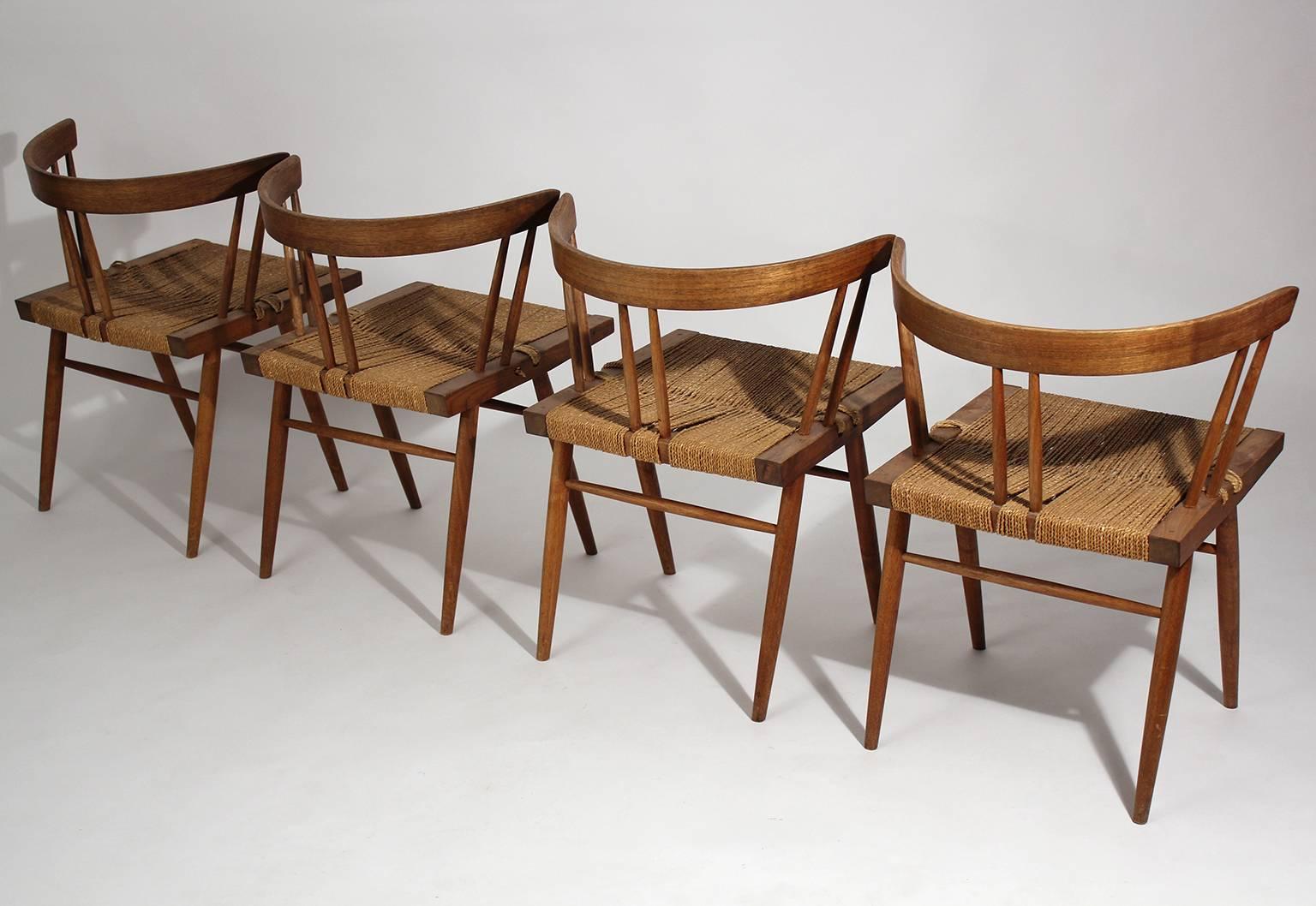 Mid-20th Century George Nakashima Grass Seat Walnut Chairs, circa 1950