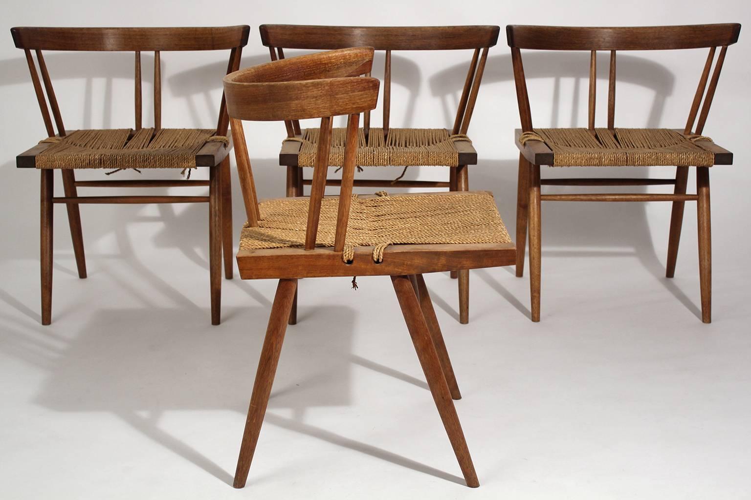 George Nakashima Grass Seat Walnut Chairs, circa 1950 1