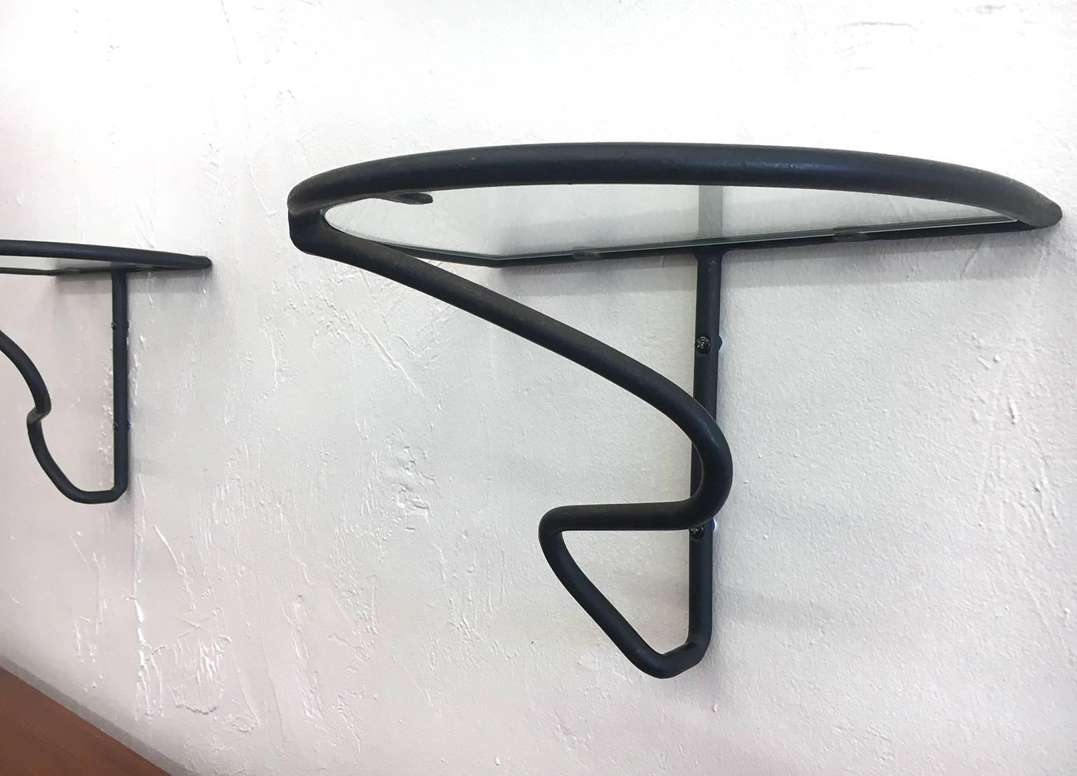 Mid-Century Modern Pair of 1950s Wrought Iron and Glass Wall Shelves