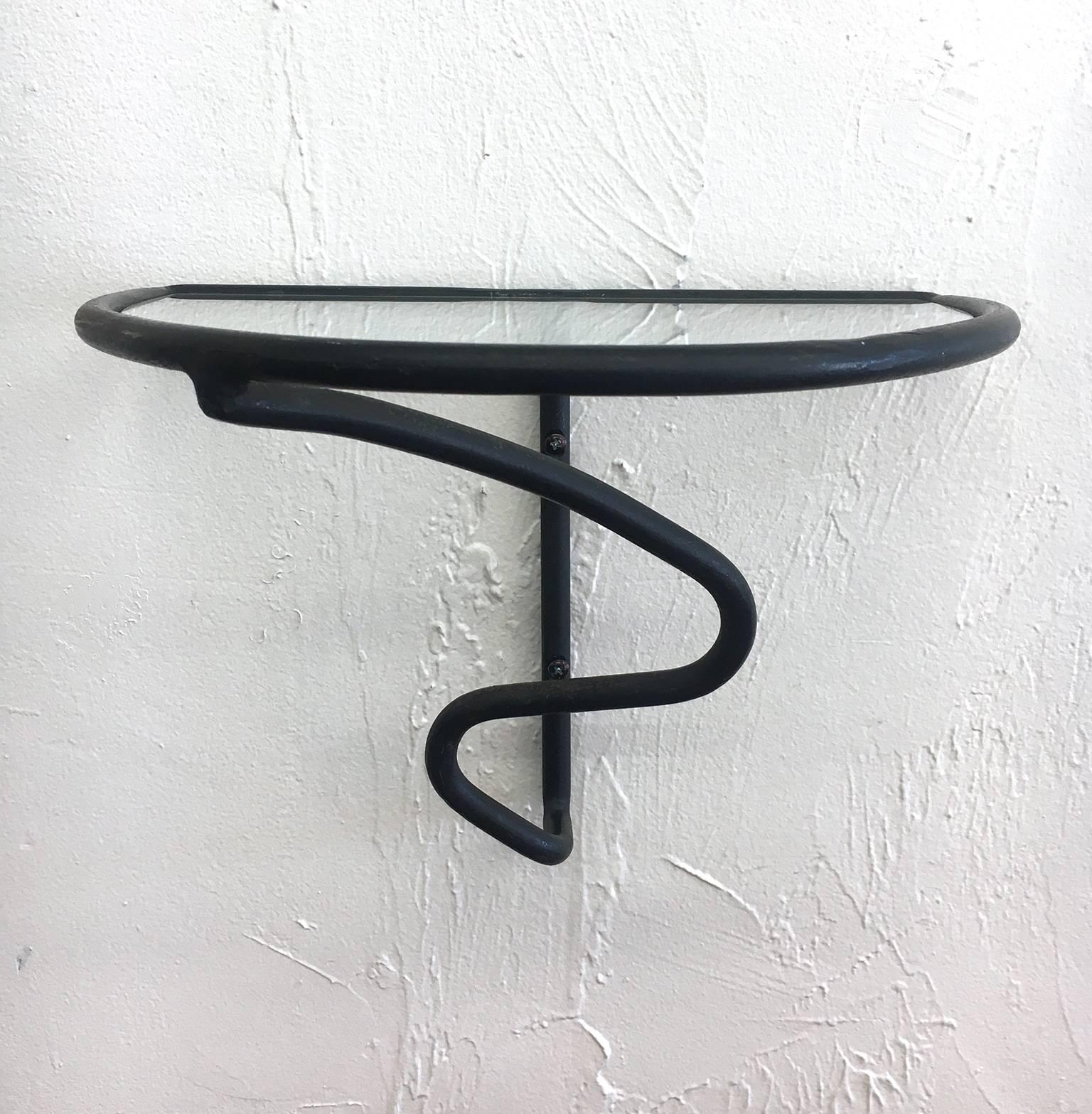 American Pair of 1950s Wrought Iron and Glass Wall Shelves