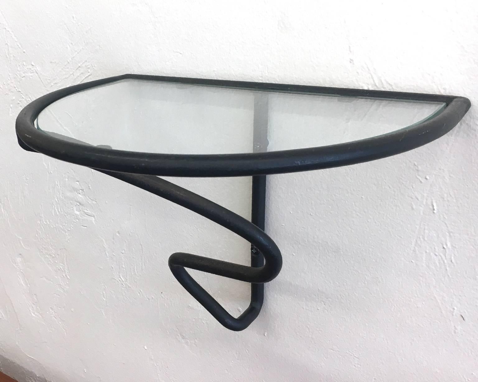 Pair of 1950s Wrought Iron and Glass Wall Shelves In Excellent Condition In San Diego, CA