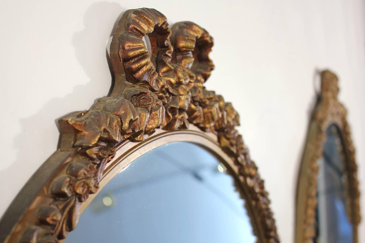 Antique Pair of Gold Gilt Hand Carved Wood French Baroque Style Mirror In Good Condition For Sale In San Diego, CA