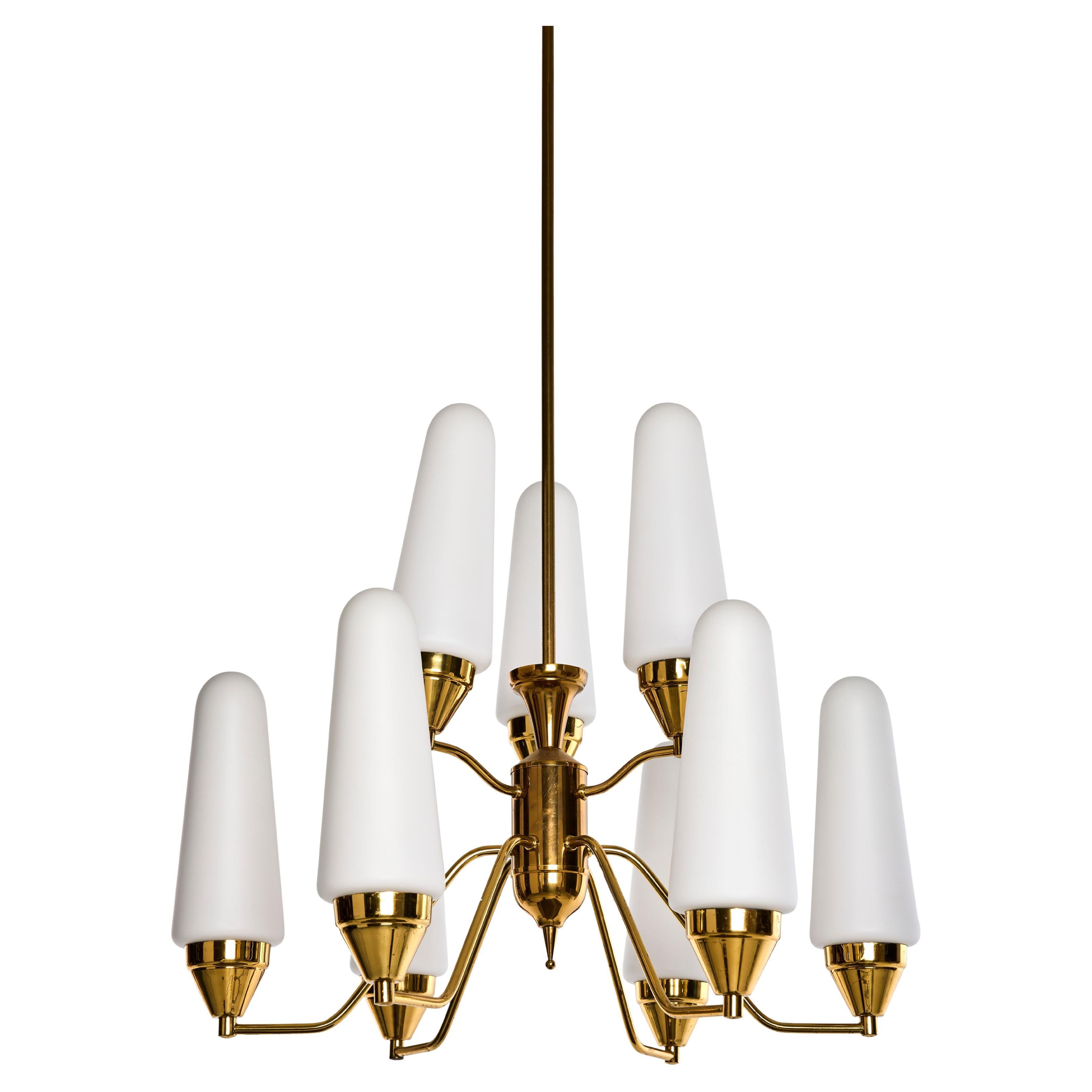 Mid-Century Modern, Scandinavian Modern Chandelier in Brass and Opaline Glass