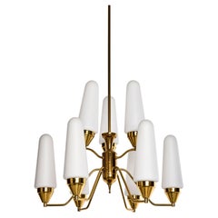 Mid-Century Modern, Scandinavian Modern Chandelier in Brass and Opaline Glass