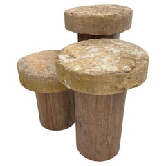 3 tables en bois d'acacia avec plateau en pierre de Bourgogne