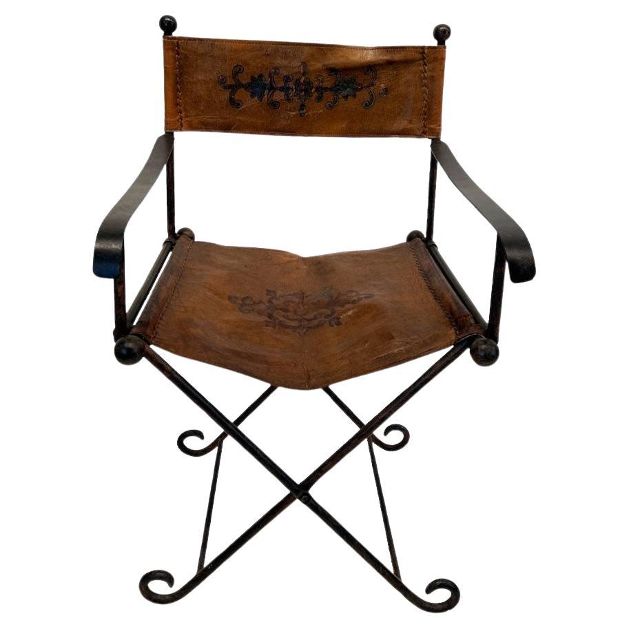 19th Century Leather Savonarola Chair with Iron
