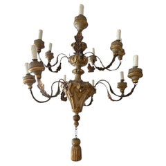 18th Century Italian Painted & Gilded Iron & Wood Chandelier with Tassel