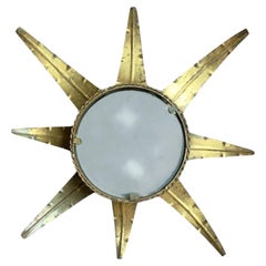 Vintage Spanish Gilded Iron Sun Chandelier with Glass