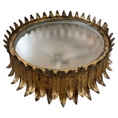 Vintage Spanish Gilded Iron Leaf Chandelier with Glass