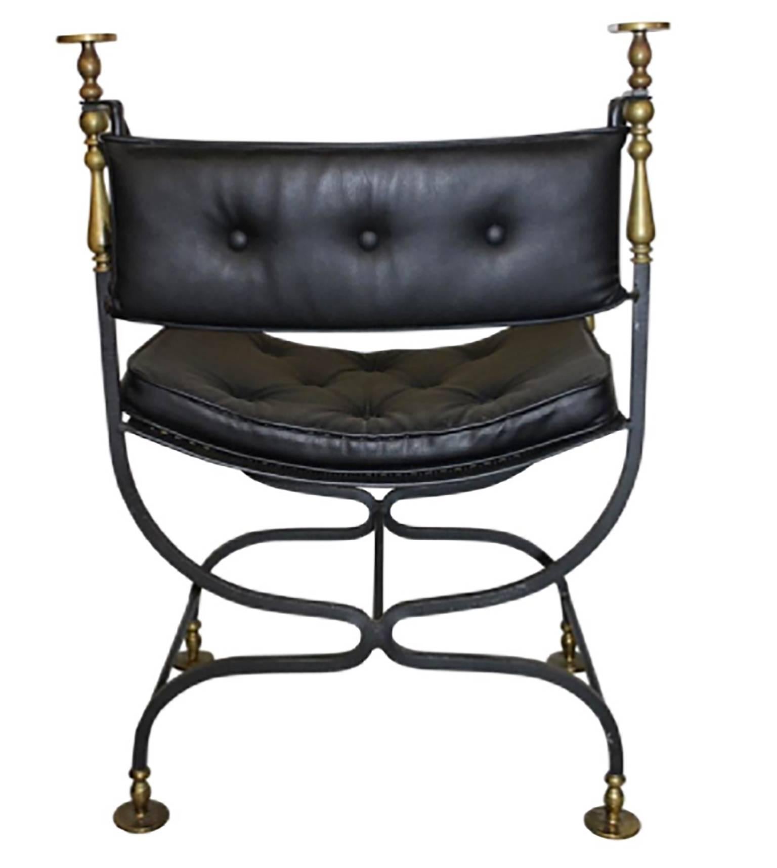 Neoclassical Campaign Style Iron and Leather Chair