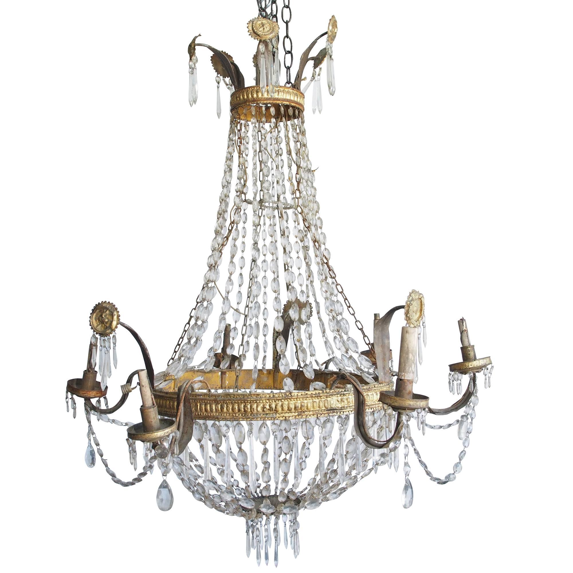 Tara Shaw Antiques - 18th century Italian Empire chandelier with crystal beading and gilded tole medallions.