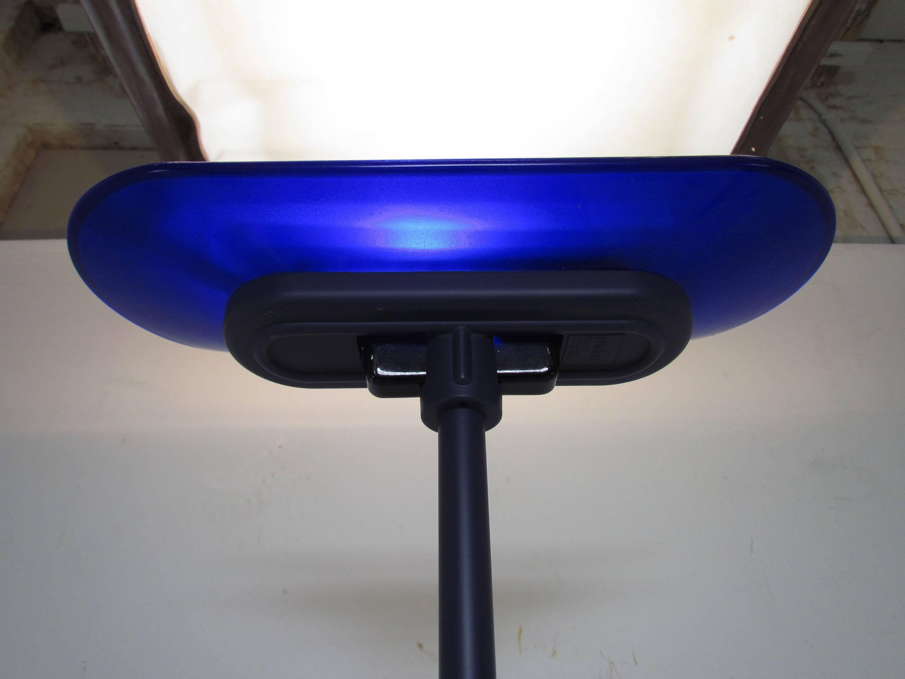 Floor lamp with blue Murano glass shade and base with enameled metal stem, model name 