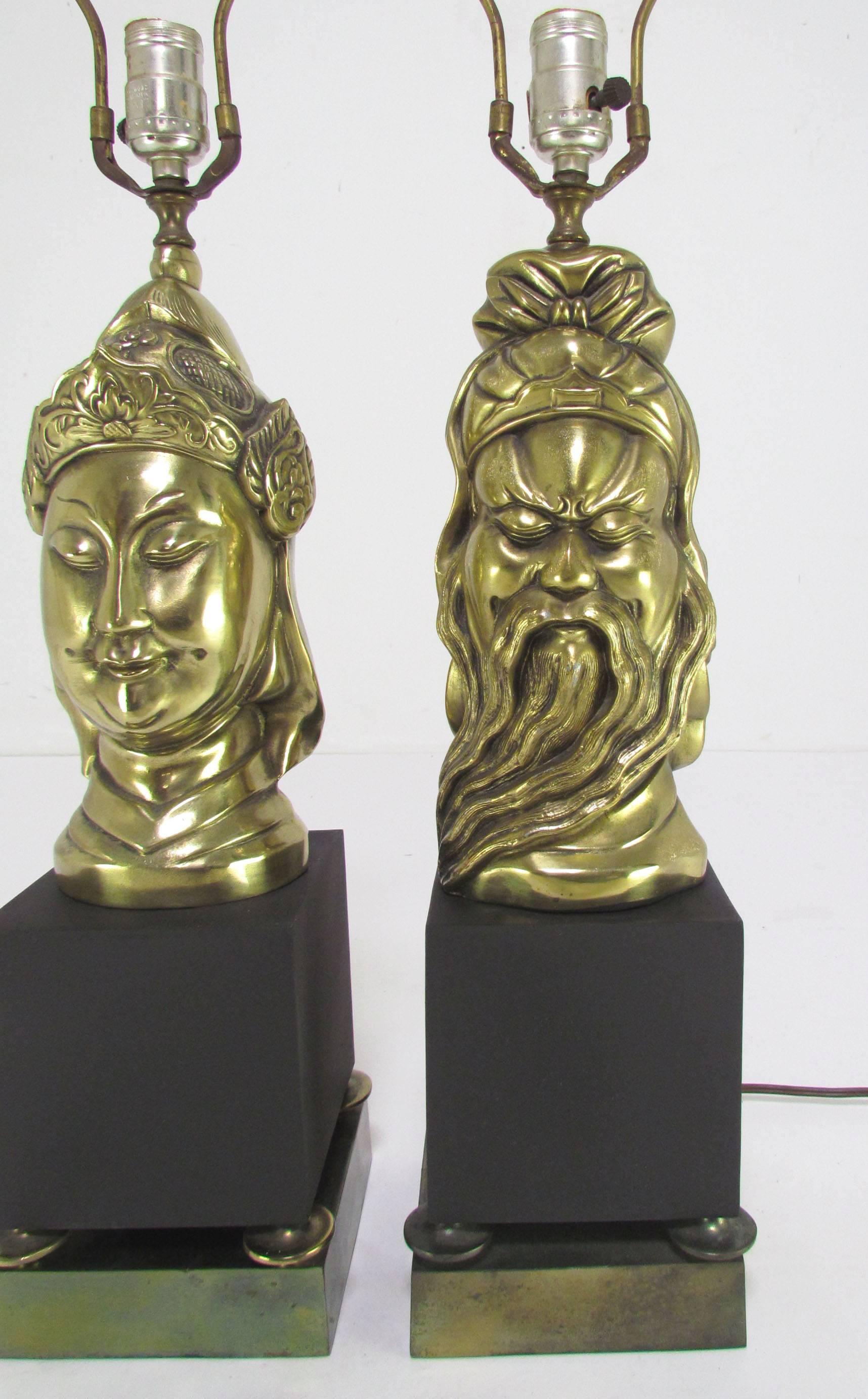 Pair of brass table lamps, one depicting Guan-yin, goddess of mercy and compassion and the other Shou-xing, the god of longevity, by Westwood Industries Lighting Co., circa 1950s.

 