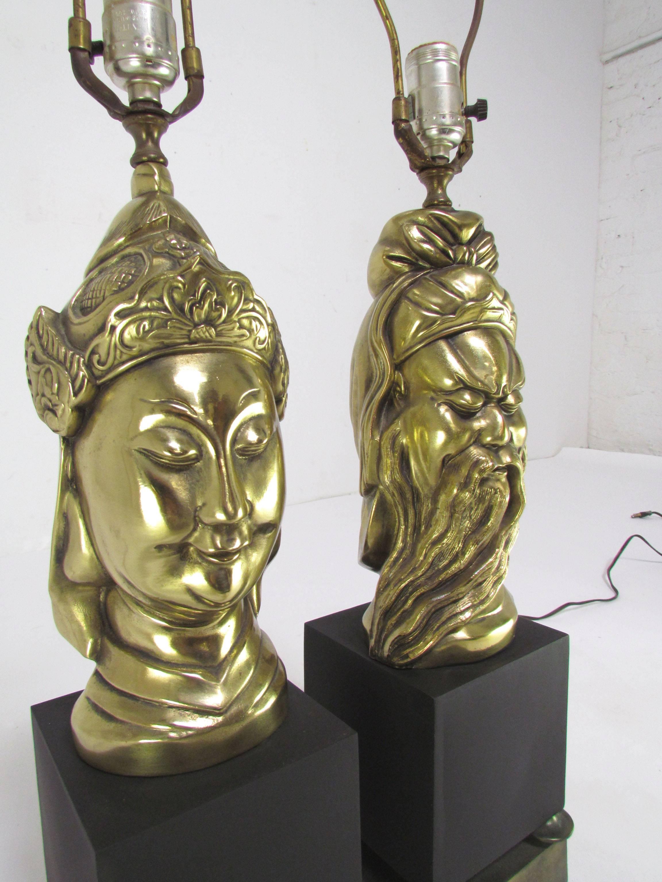 Lacquered Pair of Hollywood Regency Asian Deity Table Lamps by Westwood Lamp Co.