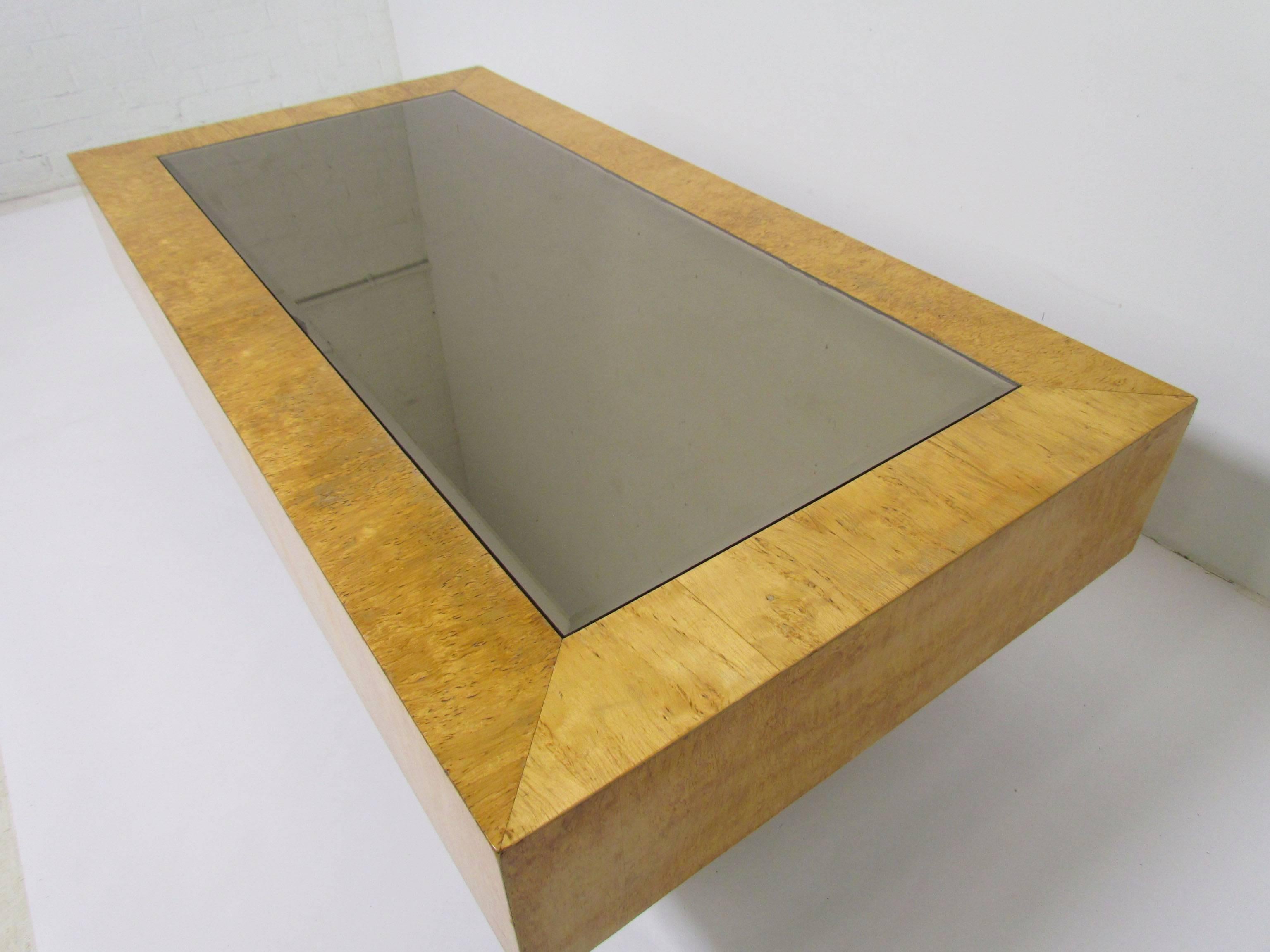 Mid-Century Modern Mid-Century Burl Wood and Mirror Coffee Table in Manner of Milo Baughman