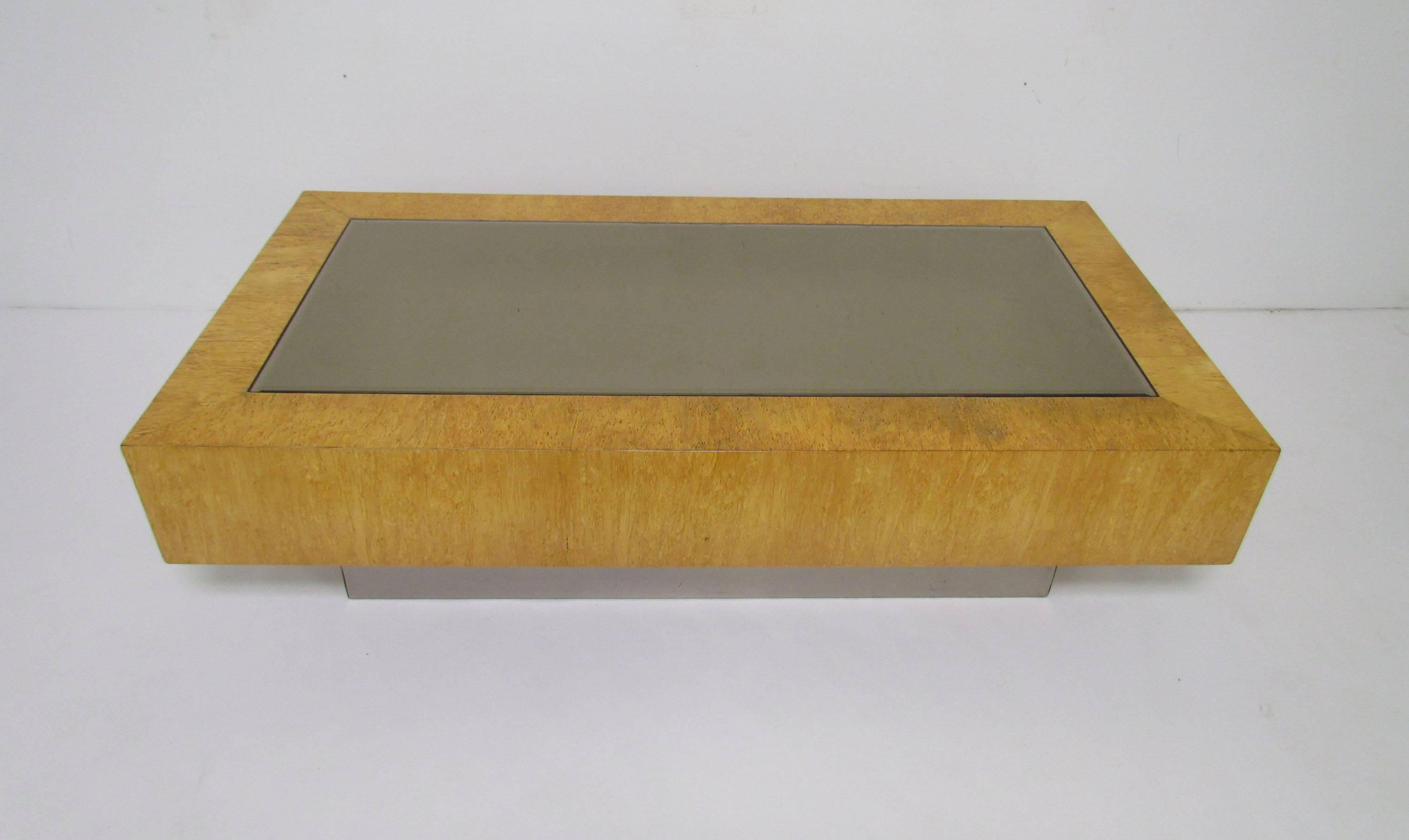 American Mid-Century Burl Wood and Mirror Coffee Table in Manner of Milo Baughman