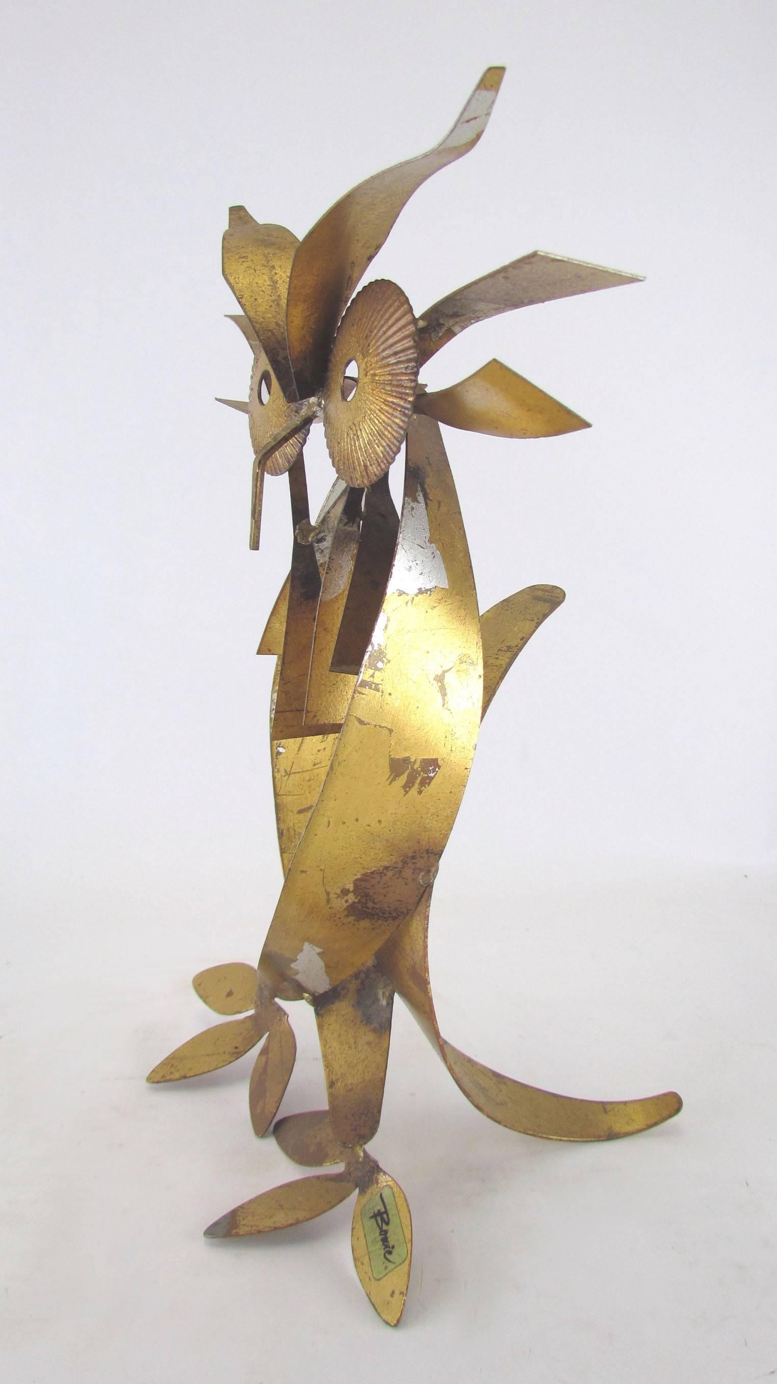 Mid-Century Modern Brutalist Mid-Century Gilded Metal Work Sculpture of an Owl by William Bowie