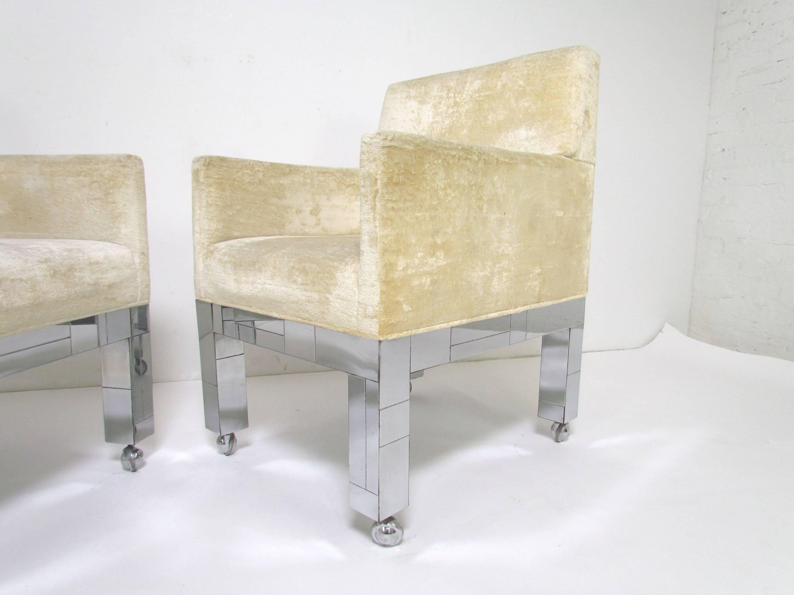 Pair of Cityscape armchairs (model PE-241) with chrome patchwork bases by Paul Evans for Directional, ca. 1970s.  