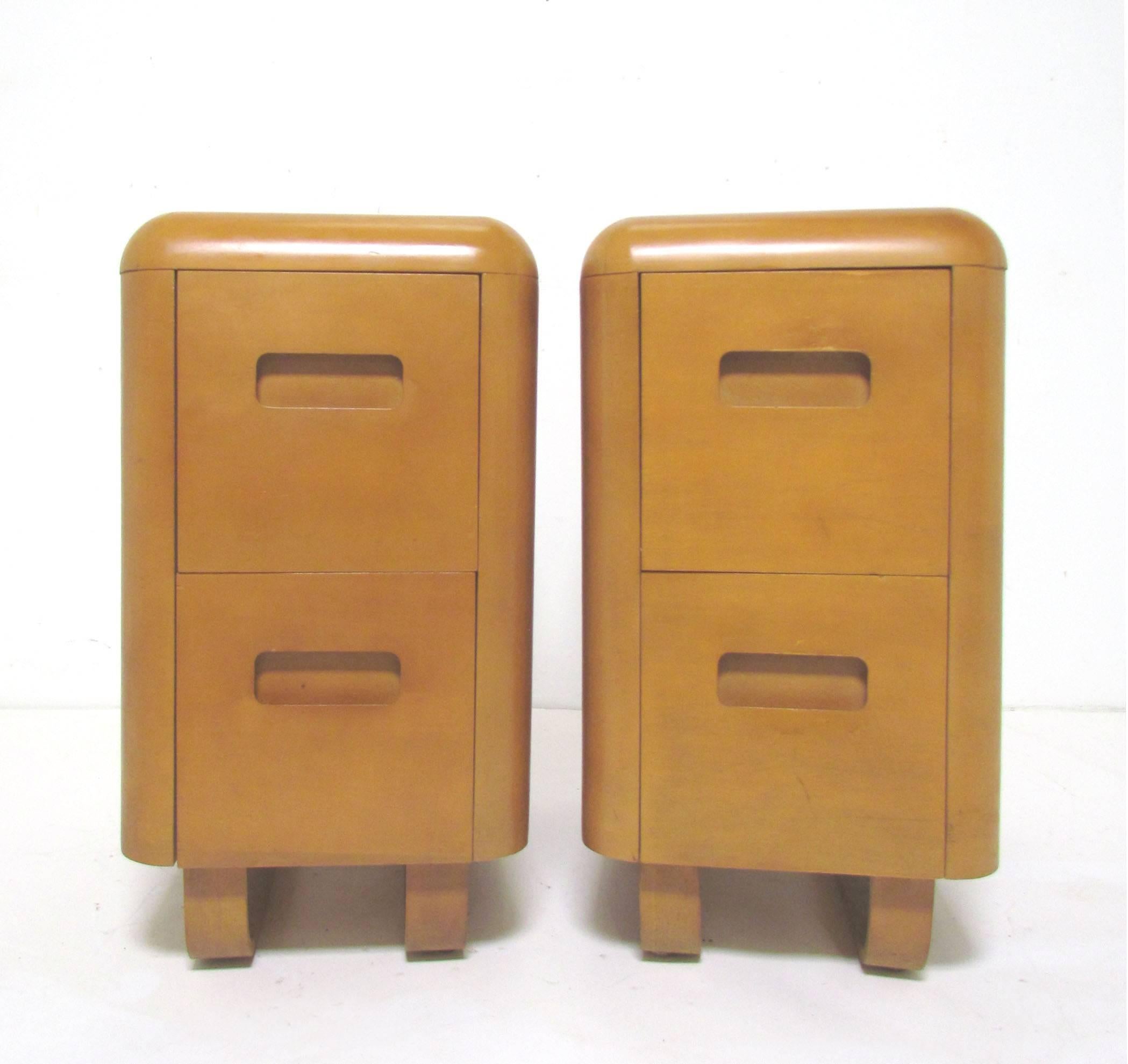 Pair of nightstands from the Plymodern line by Paul Goldman for his short lived post war company Plymold Corp., circa 1940s, in the original 