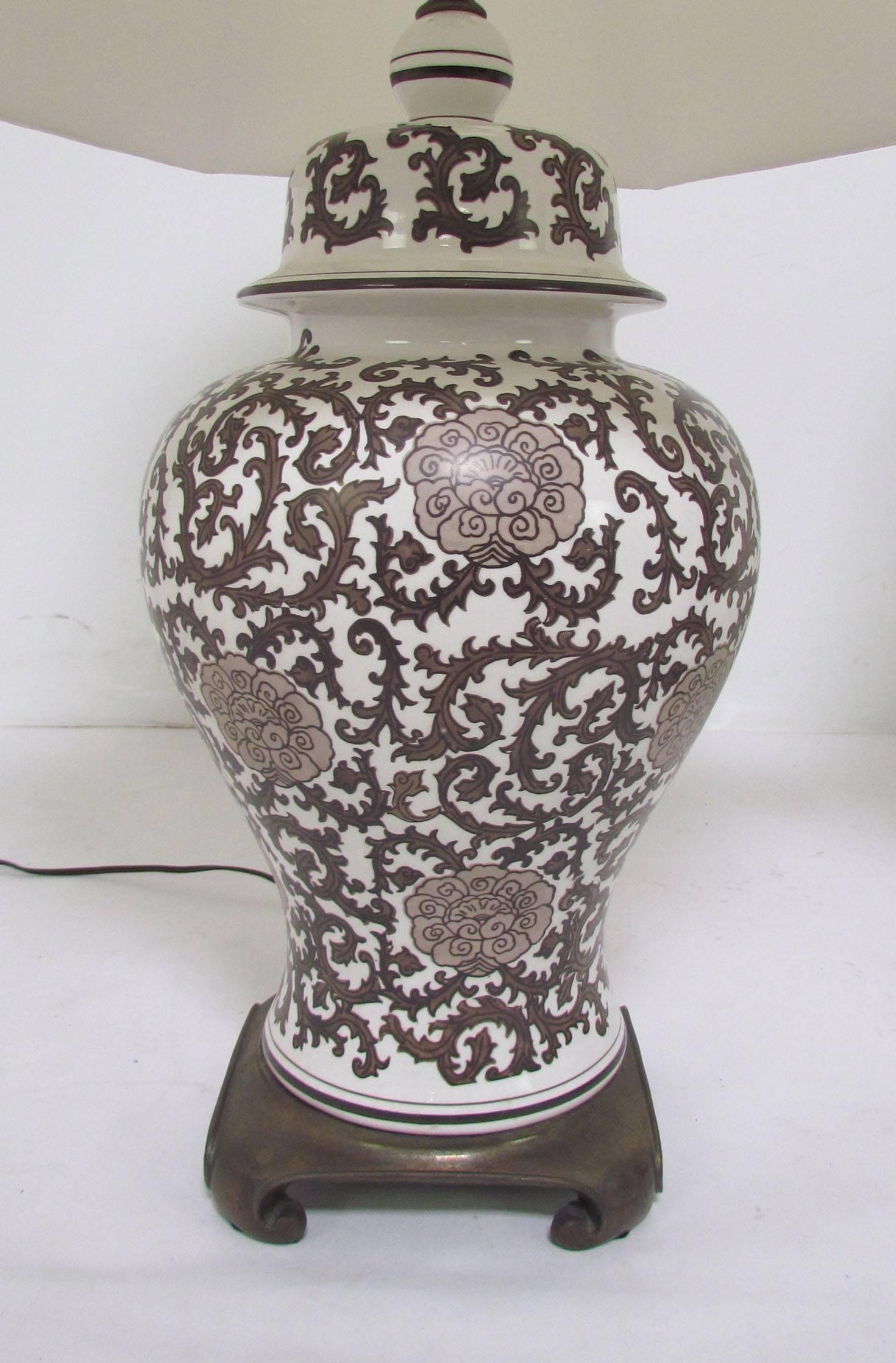 Chinoiserie Pair of Ginger Jar Lamps with Silk Shades, circa 1960s