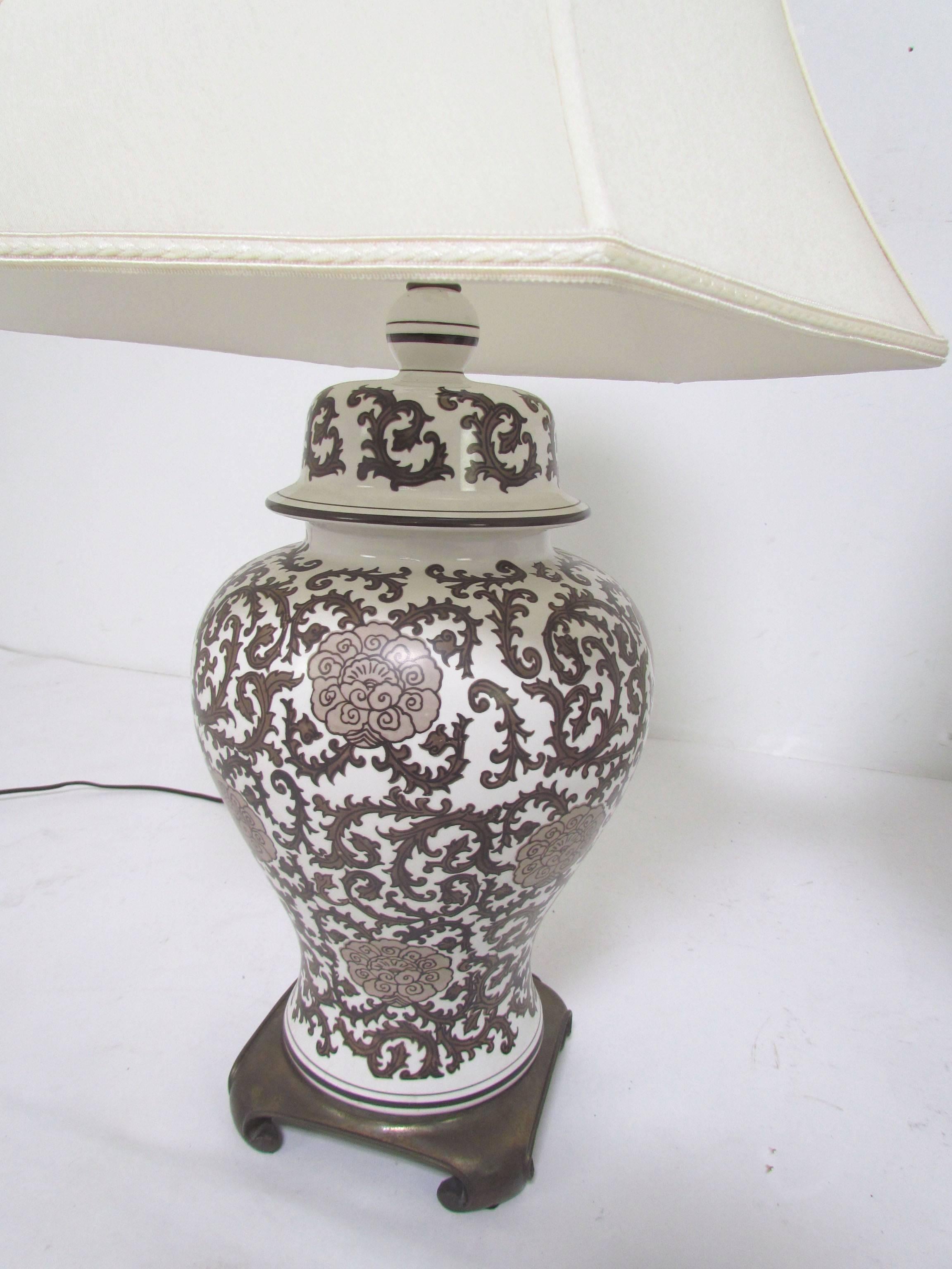American Pair of Ginger Jar Lamps with Silk Shades, circa 1960s