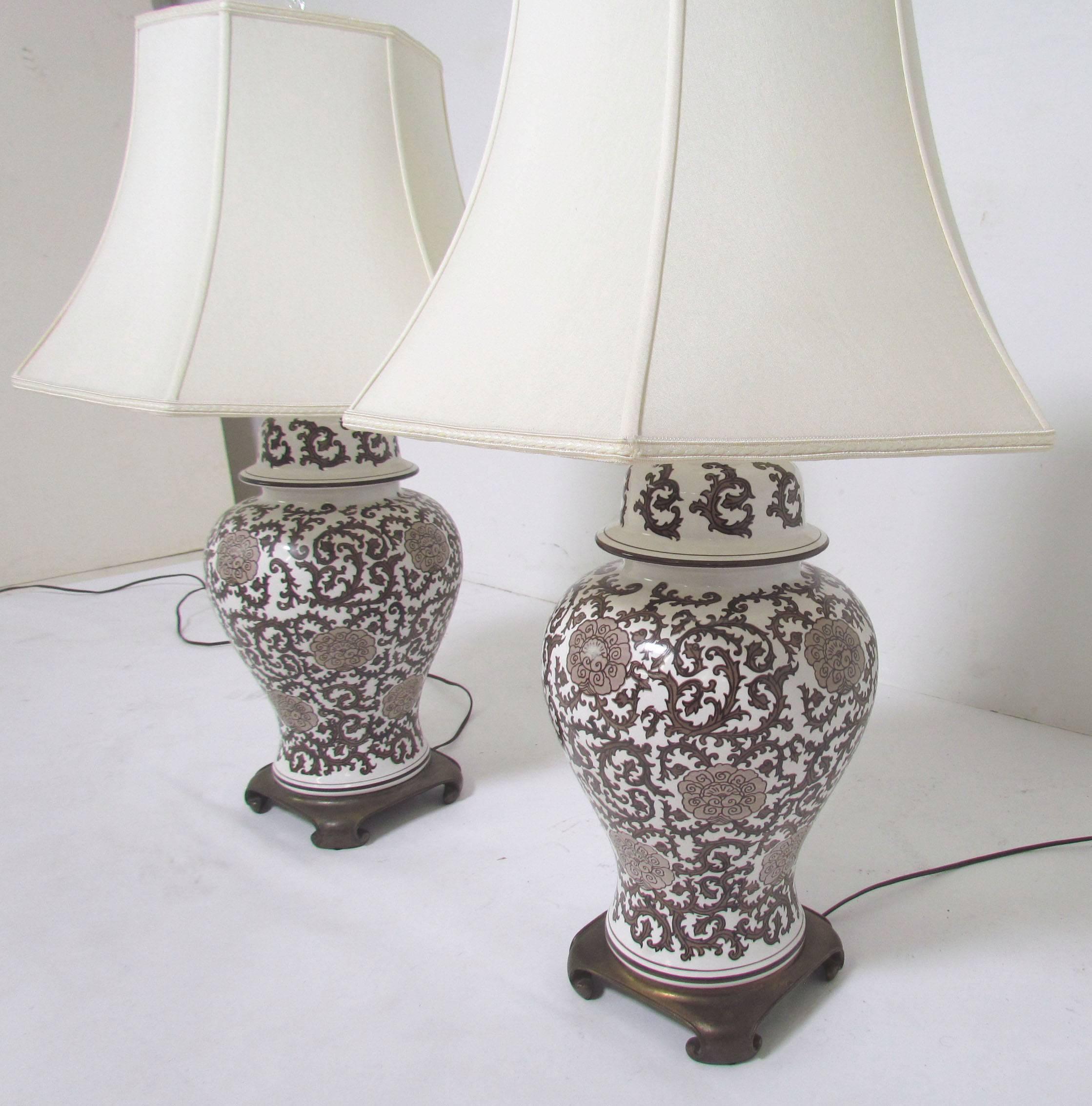 Pair of Ginger Jar Lamps with Silk Shades, circa 1960s 1