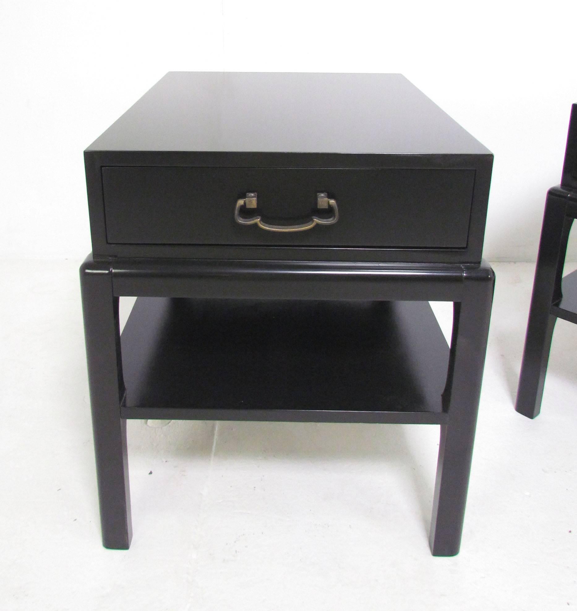 Mid-Century Modern Pair of Mid-Century Two-Tiered Ebonized End Tables