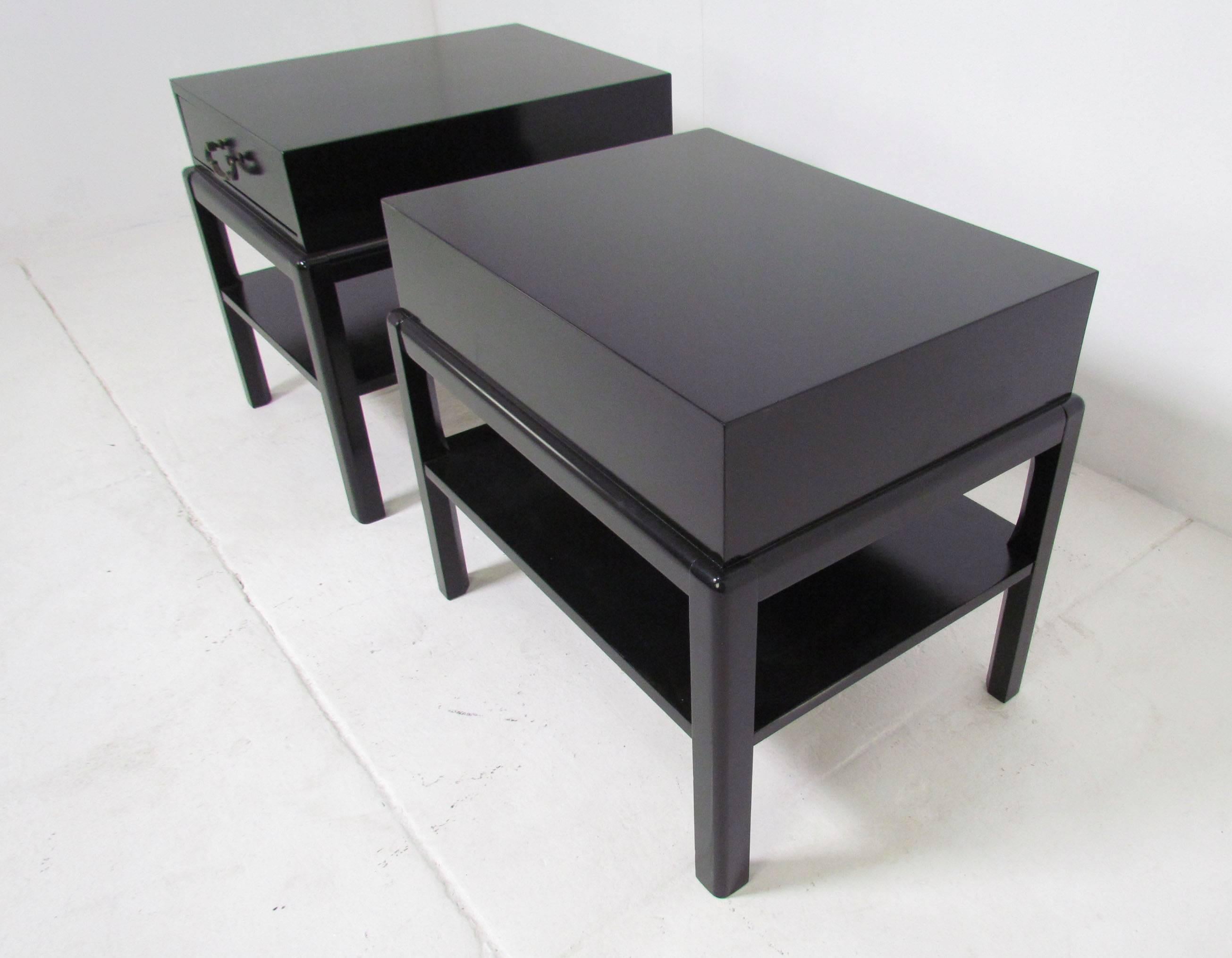 Brass Pair of Mid-Century Two-Tiered Ebonized End Tables