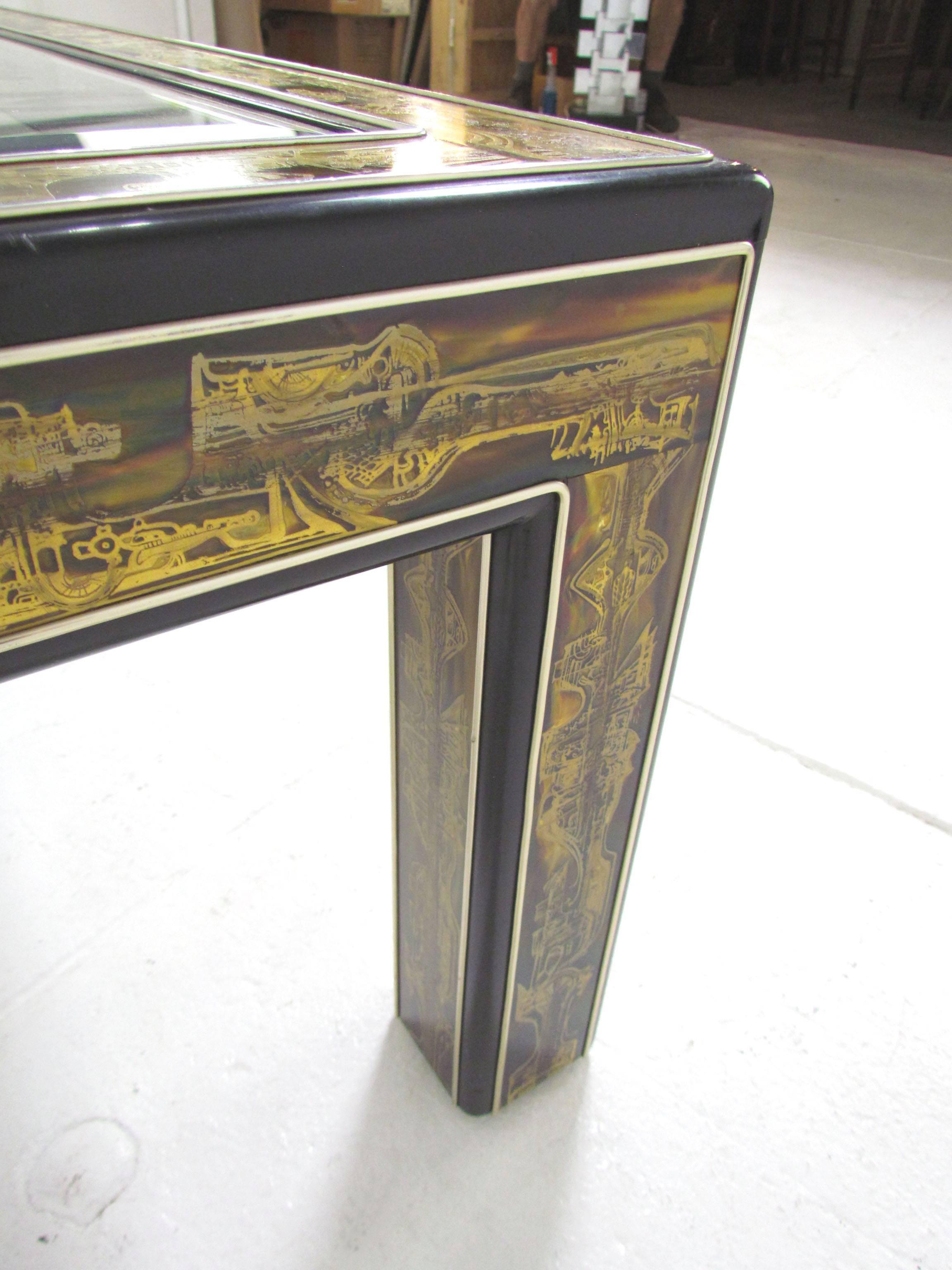 Acid Etched Brass Coffee Table by Bernhard Rohne for Mastercraft, circa 1970s 4