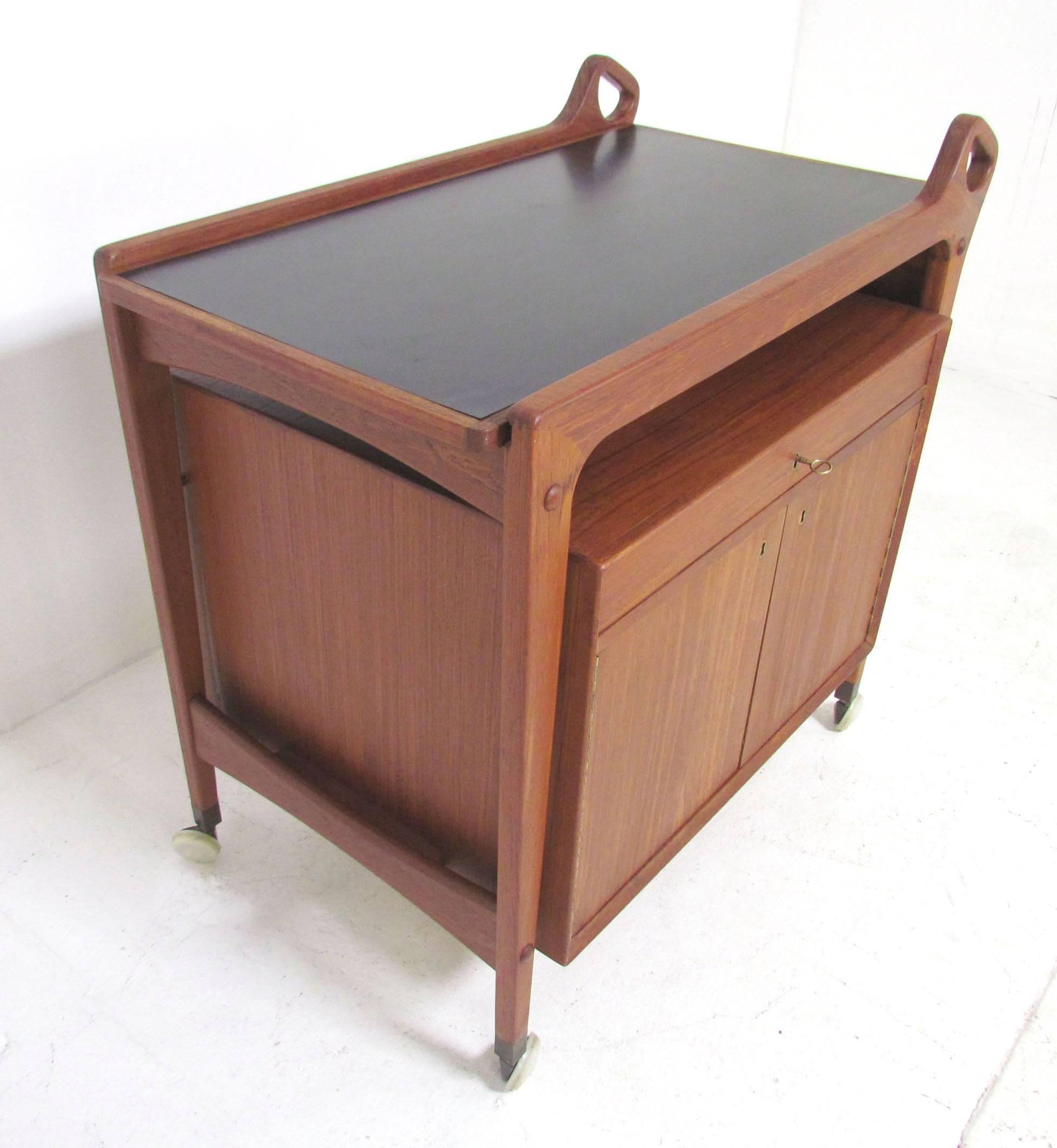 Laminate Danish Teak Dry Bar and Serving Cart with Locking Storage Cabinet by Dyrlund