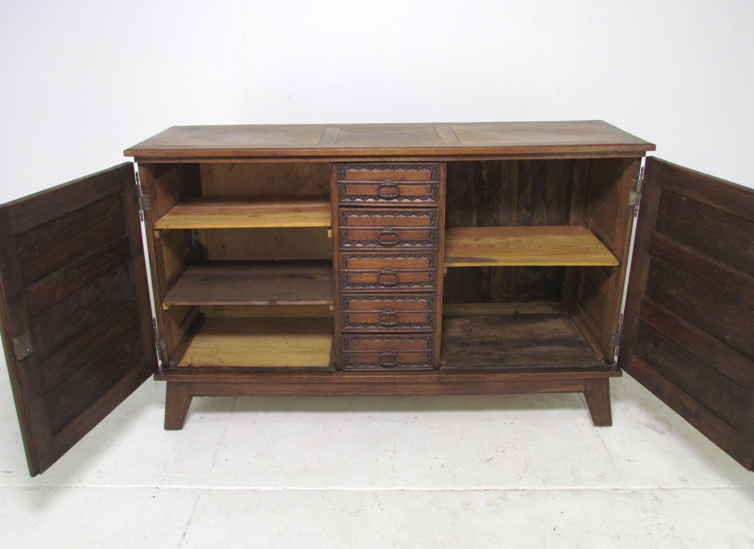 Mexican Modernist Chip Carved and Decorated Oak Credenza, circa 1960s 4