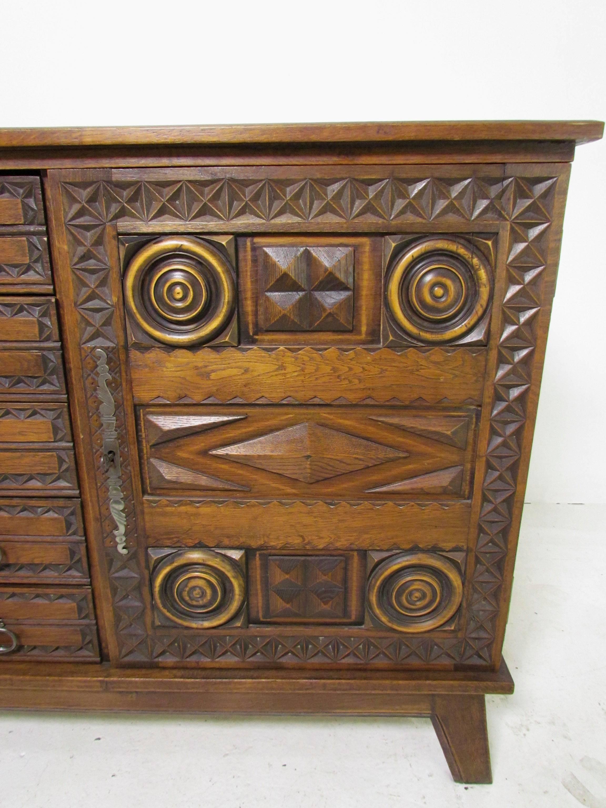 Mid-20th Century Mexican Modernist Chip Carved and Decorated Oak Credenza, circa 1960s