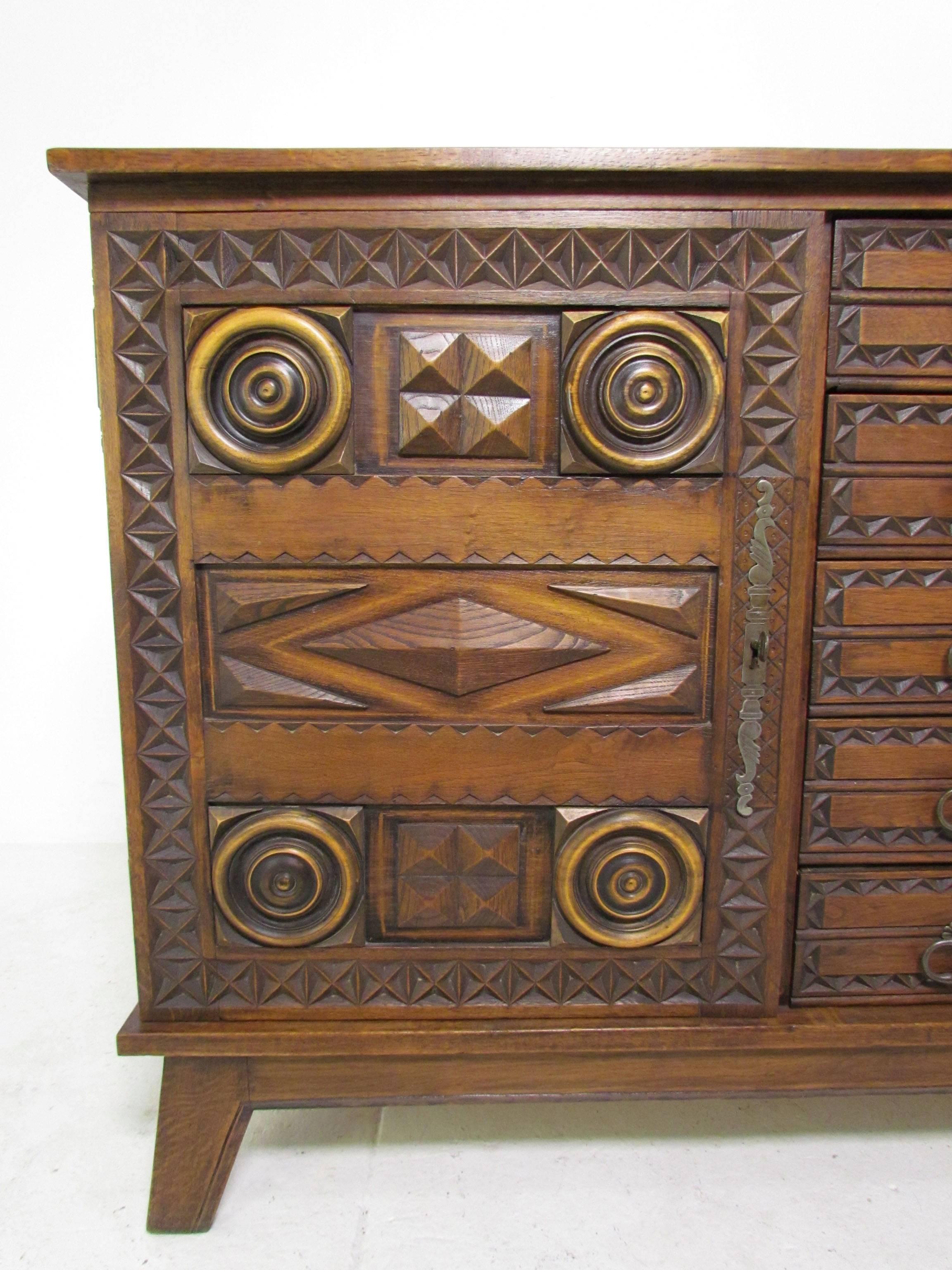 Mid-Century Modern Mexican Modernist Chip Carved and Decorated Oak Credenza, circa 1960s