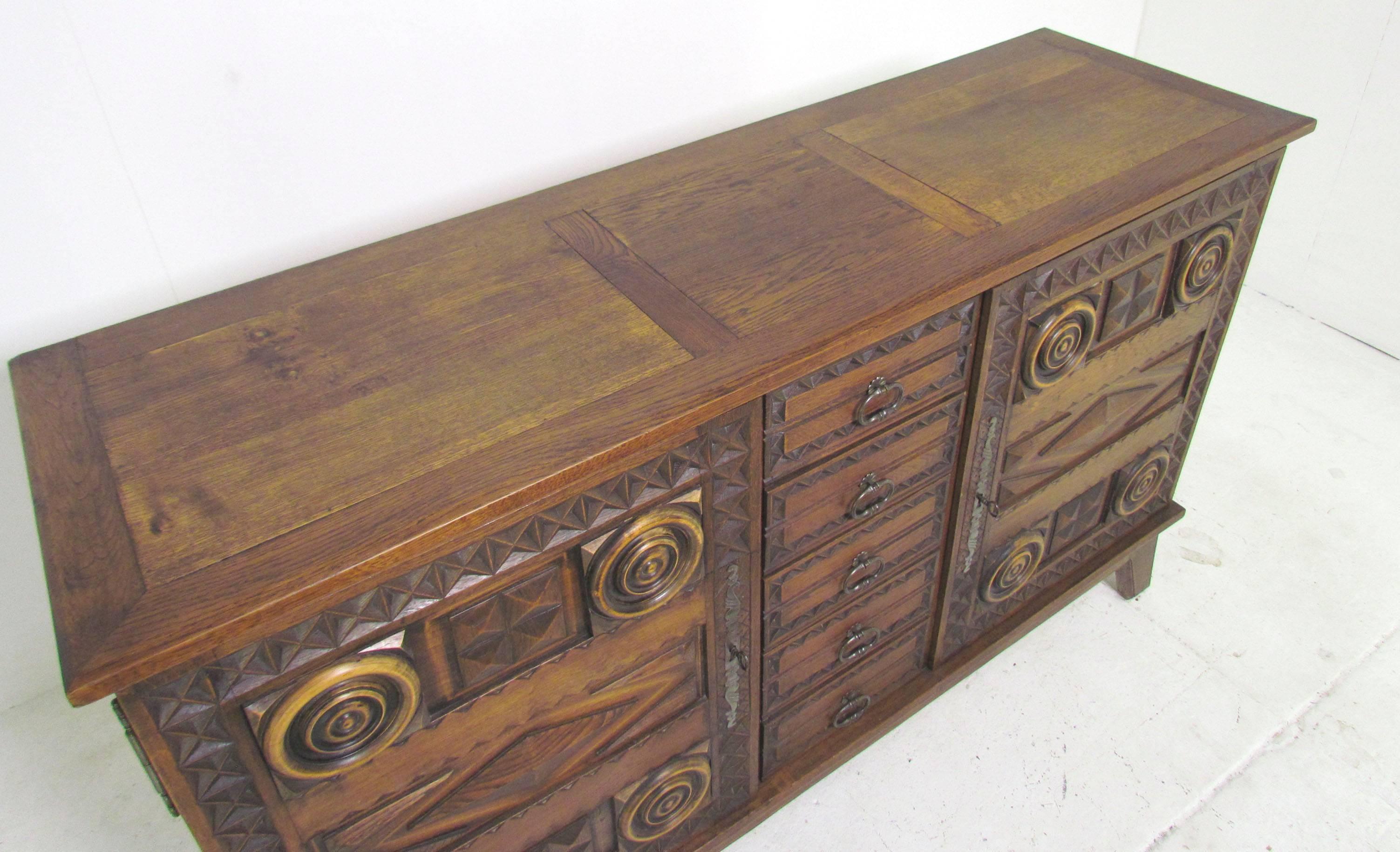 Brass Mexican Modernist Chip Carved and Decorated Oak Credenza, circa 1960s