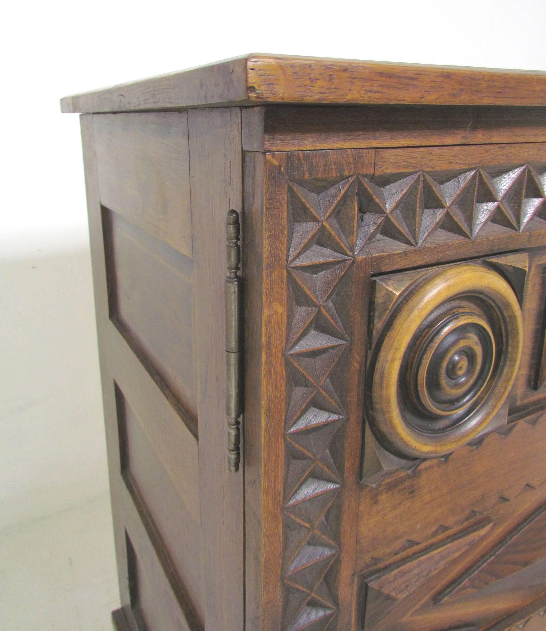 Mexican Modernist Chip Carved and Decorated Oak Credenza, circa 1960s 1