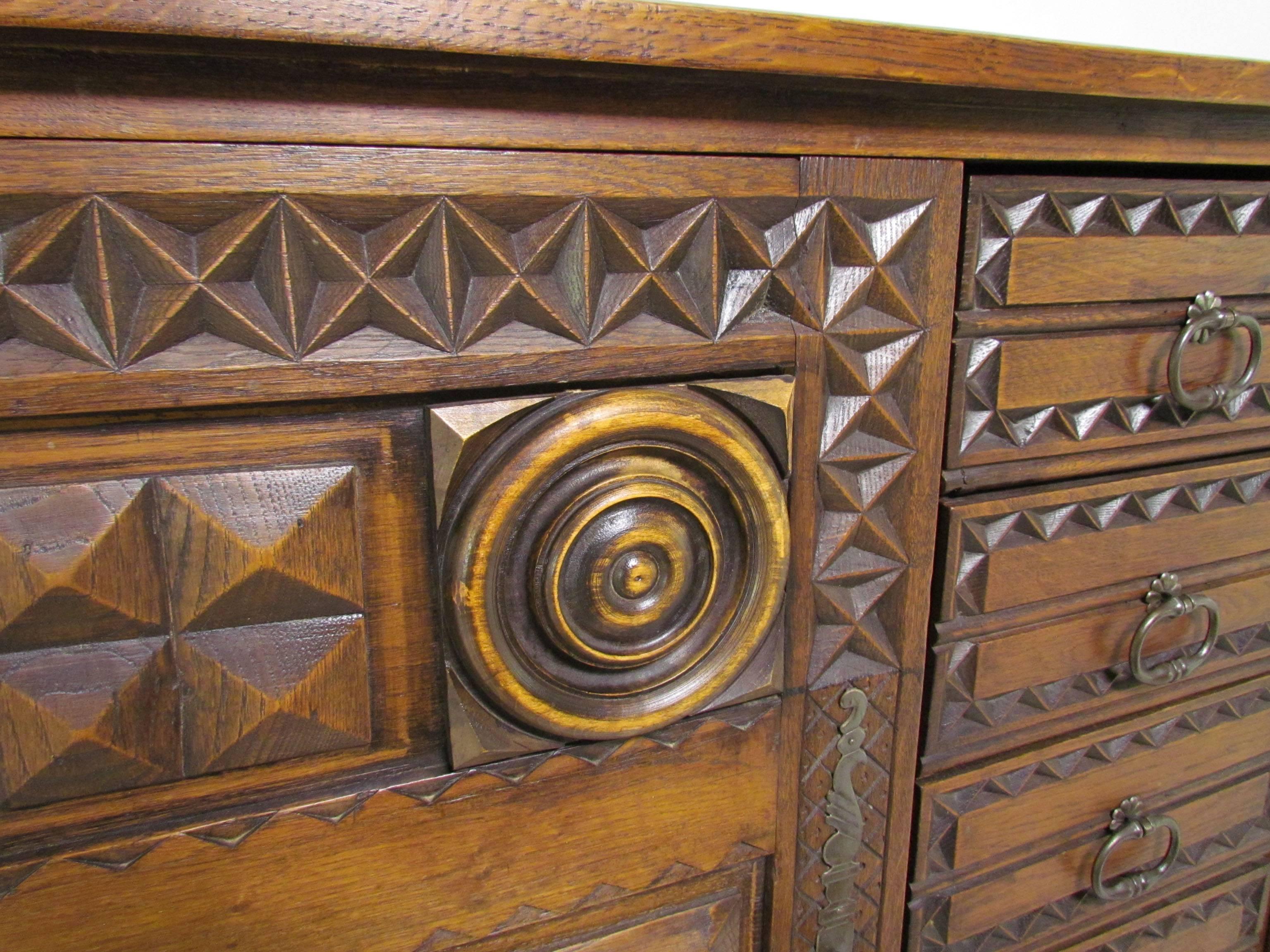 Mexican Modernist Chip Carved and Decorated Oak Credenza, circa 1960s 2