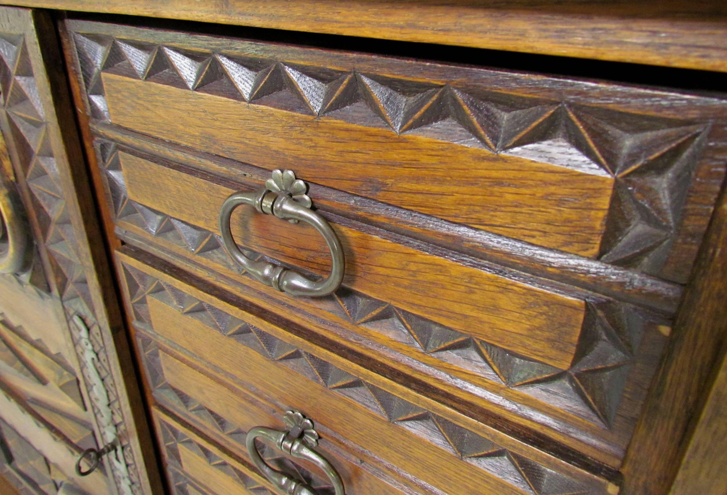 Mexican Modernist Chip Carved and Decorated Oak Credenza, circa 1960s 3