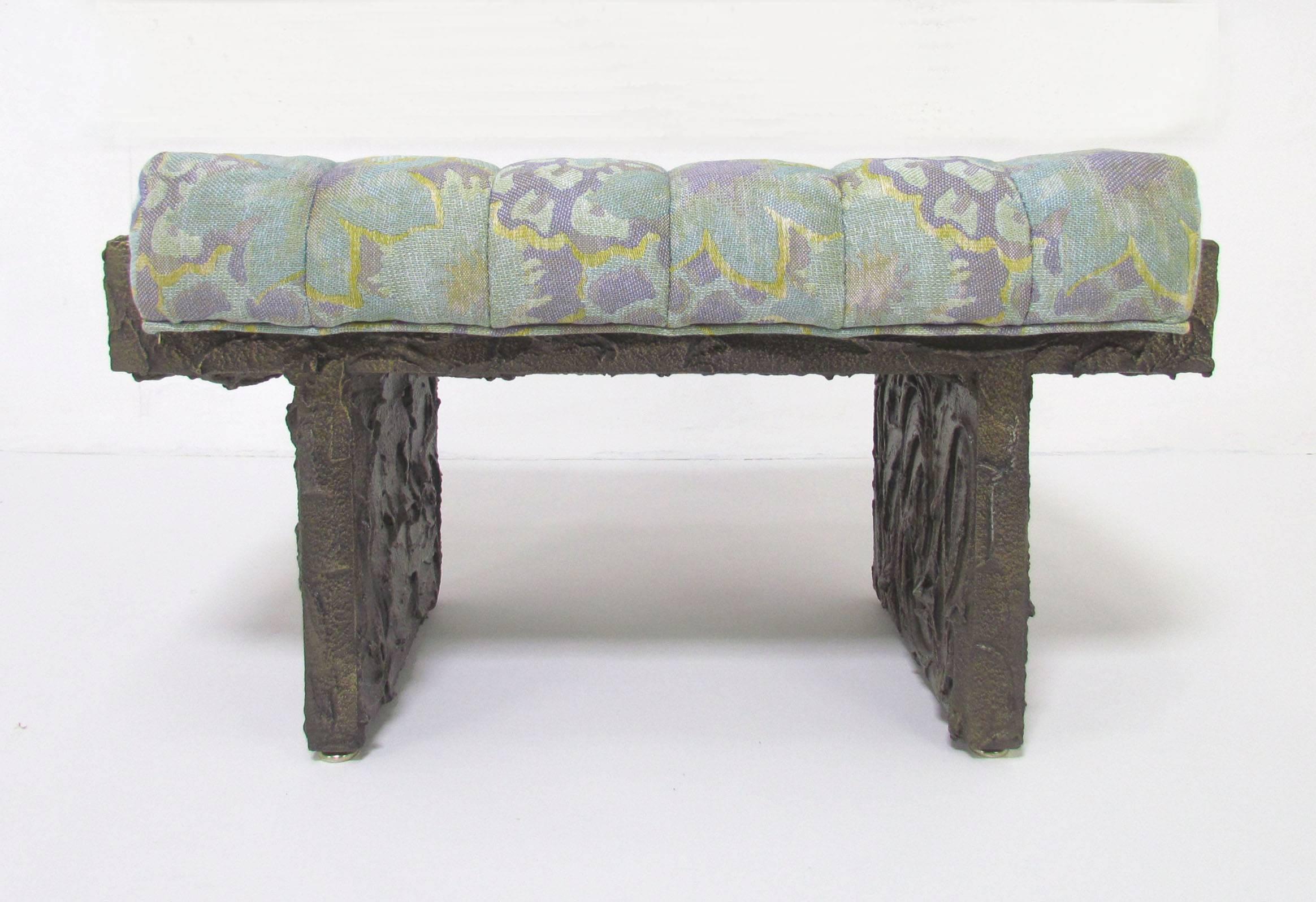 Sculpted bronze single seat bench, model PE 148, by Paul Evans, dated 1974. Original upholstery.

Pictured with an Evans wall mounted console to show scale.