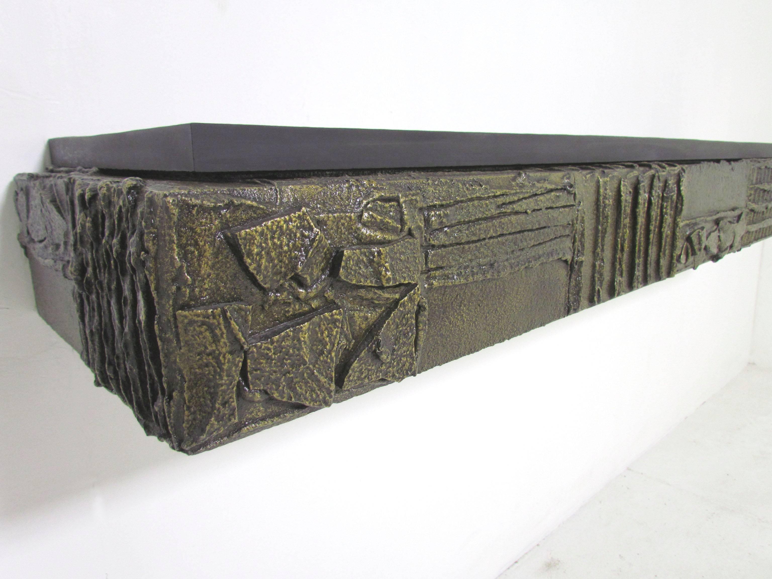 Bronzed Sculpted Bronze Wall Mounted Console Shelf with Slate Top by Paul Evans