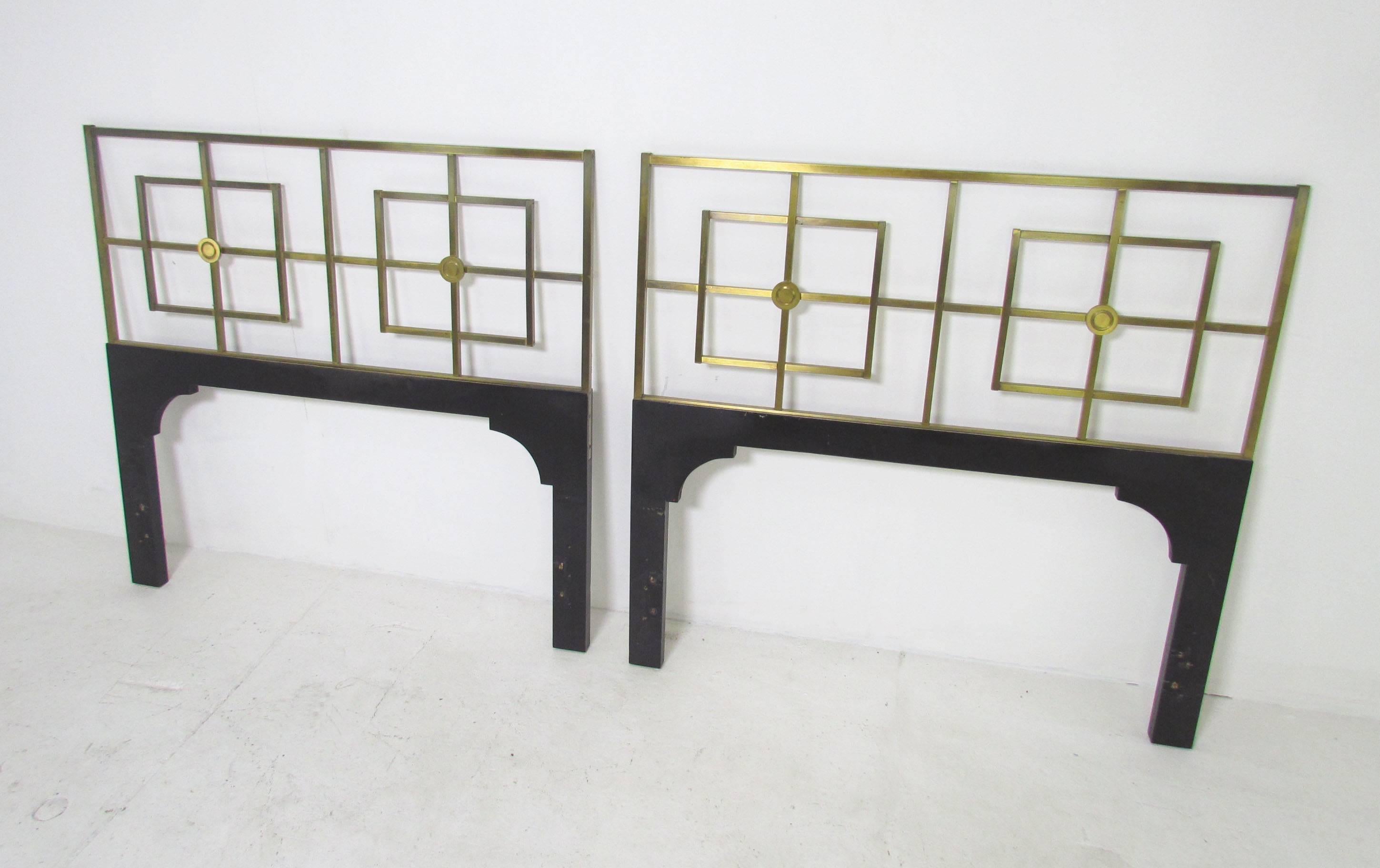 Pair of Hollywood Regency Twin Headboards in Brass, circa 1950s In Good Condition In Peabody, MA