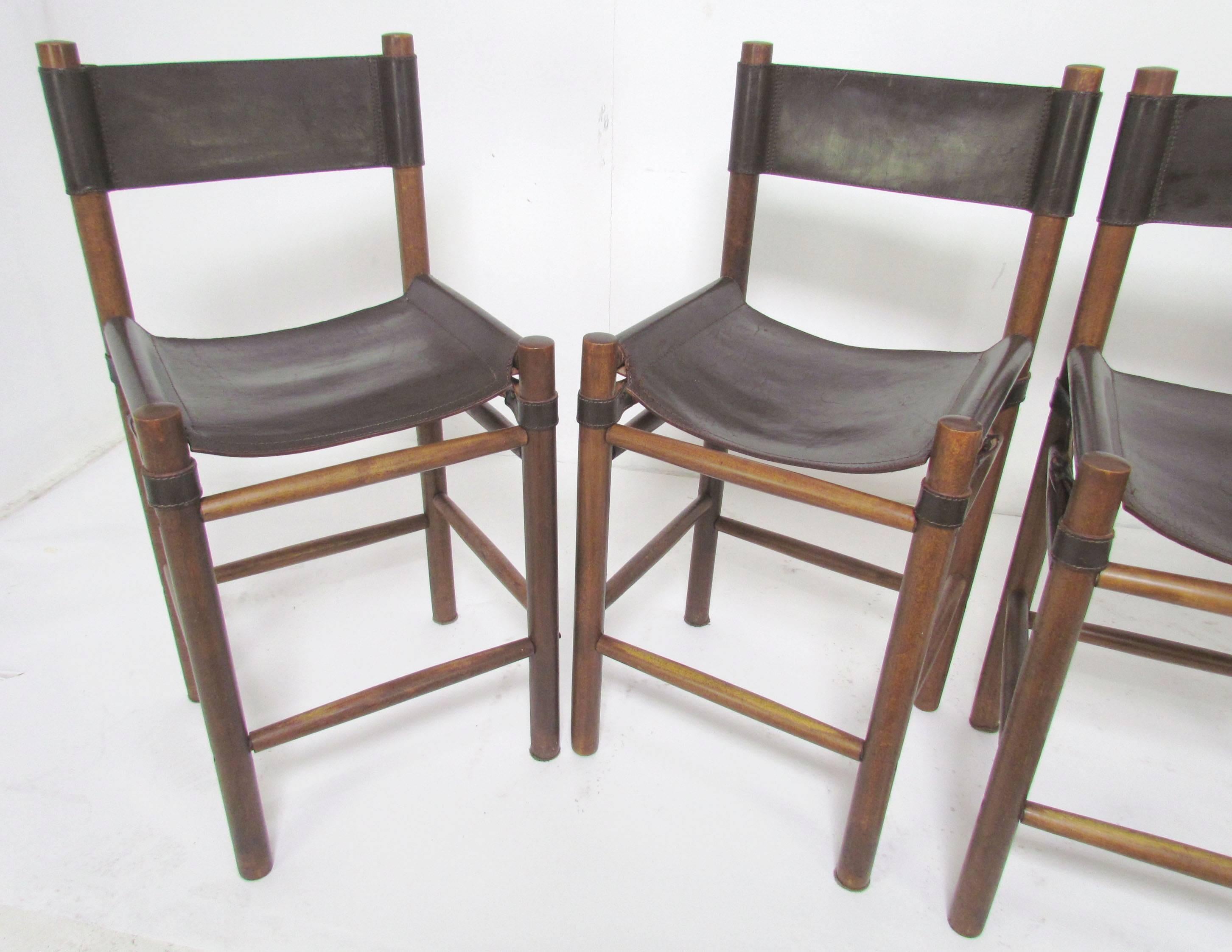 Argentine Set of Four Safari Style Leather Sling Bar Stools, circa 1970s