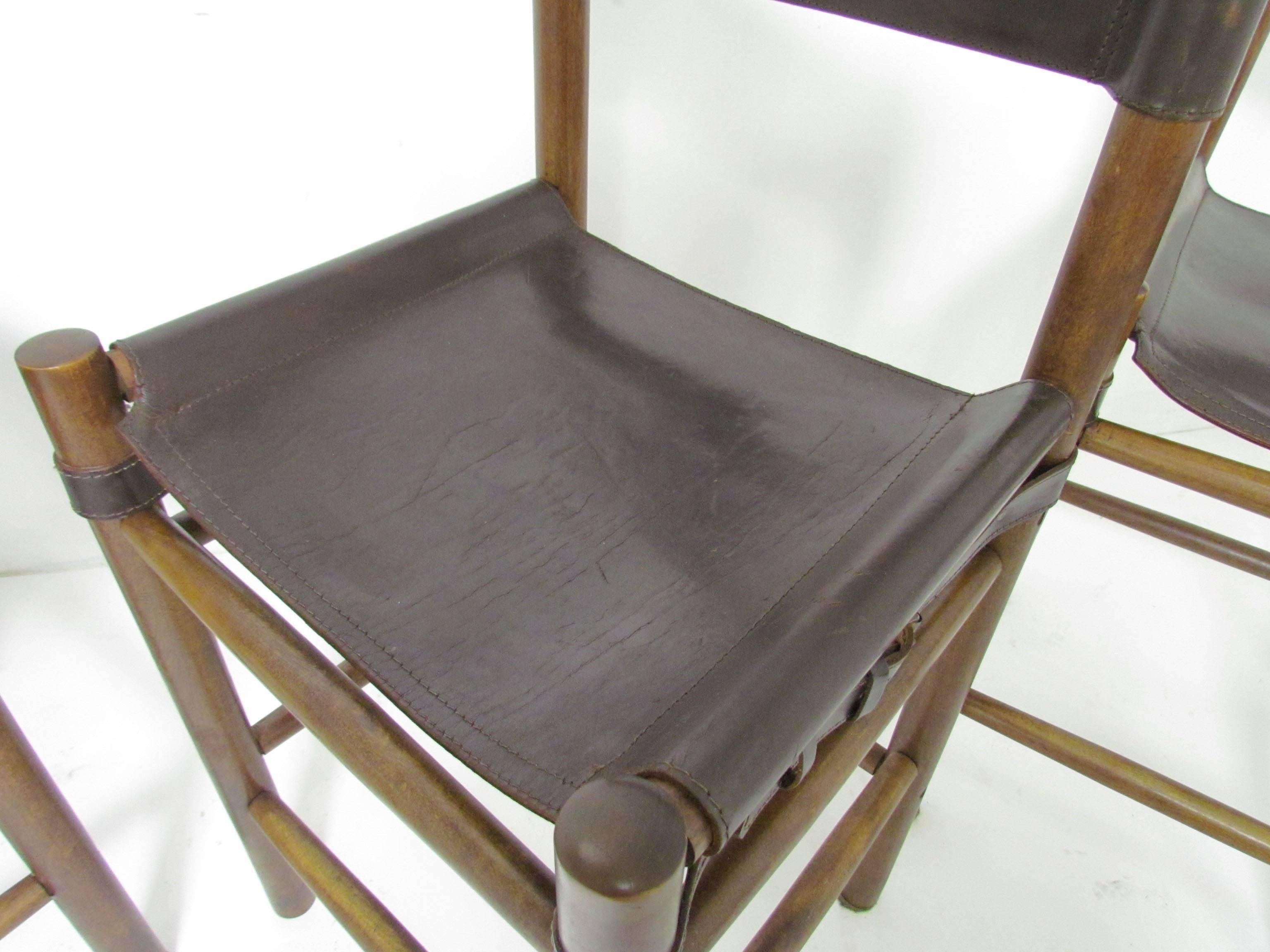 Set of Four Safari Style Leather Sling Bar Stools, circa 1970s In Good Condition In Peabody, MA