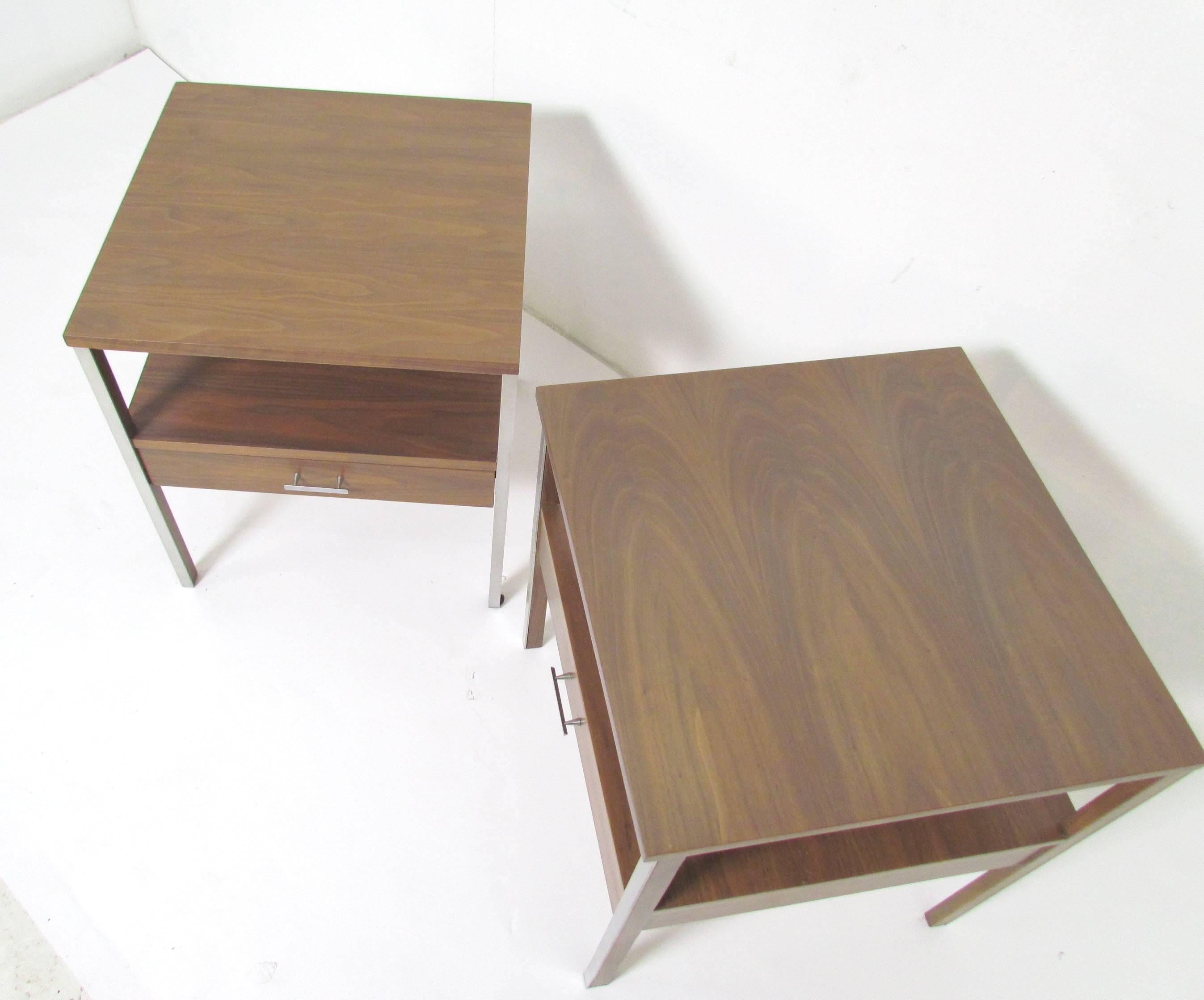 Pair of single drawer side tables with aluminium panels and hardware by Paul McCobb for Calvin, circa 1950s.