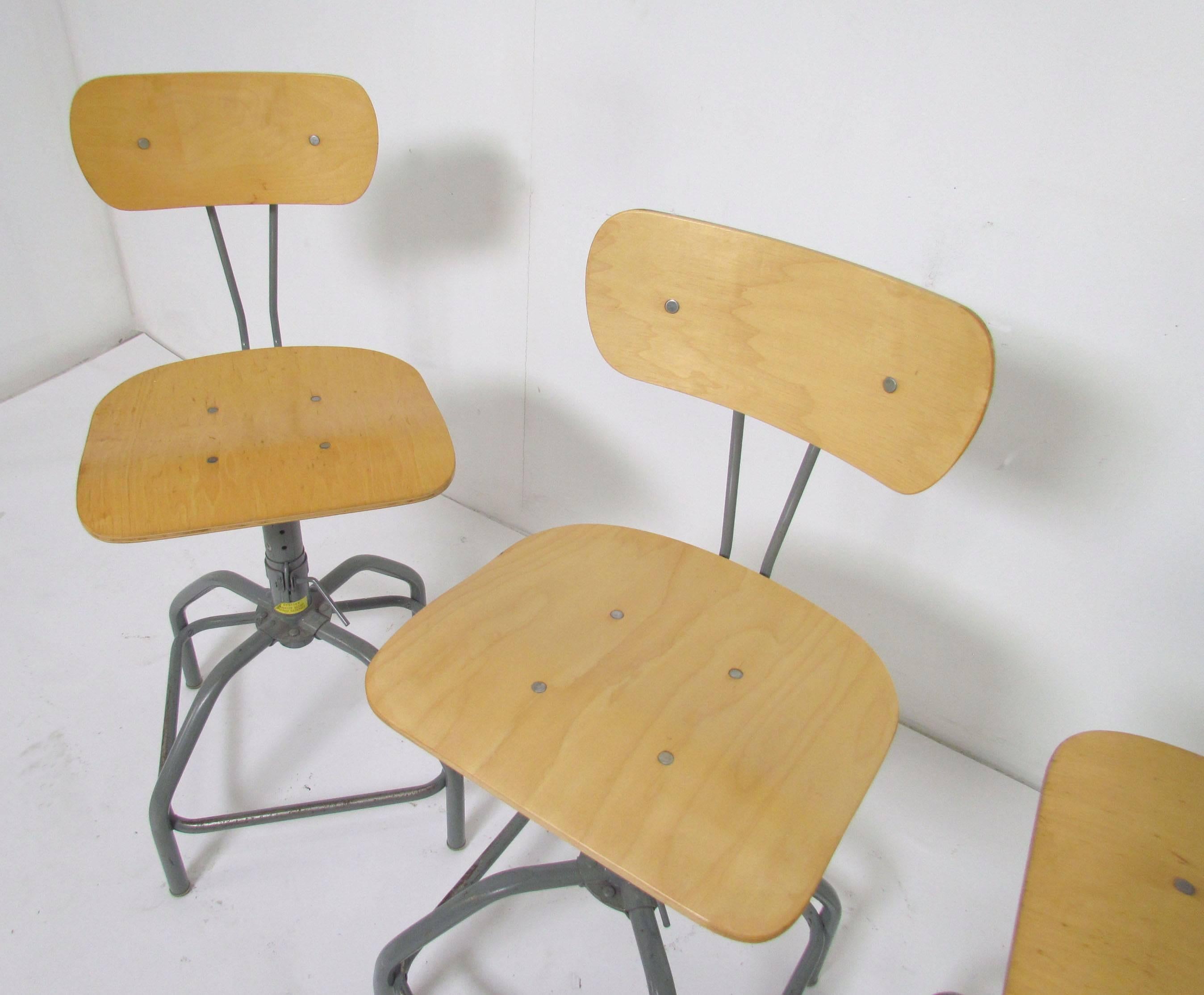 Set of Three Industrial Adjustable Height Laboratory (Bar) Stools, circa 1970s In Good Condition In Peabody, MA