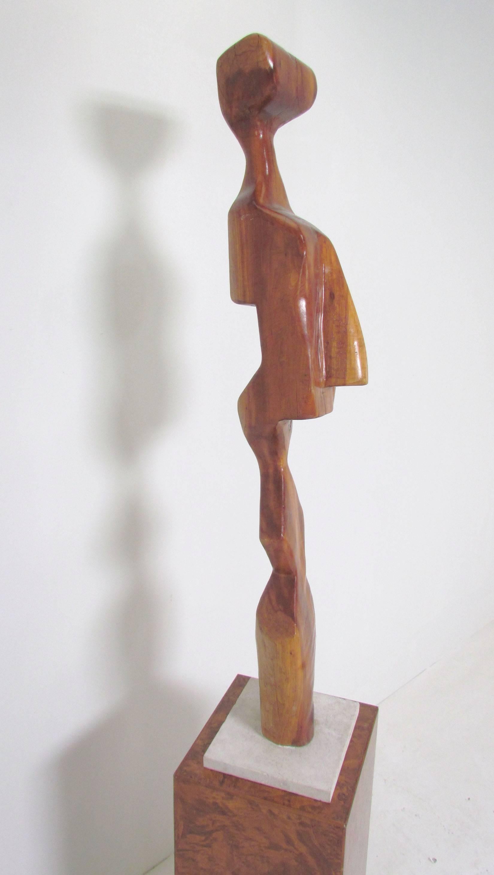 American Modernist Carved Wood Sculpture with Burl Pedestal Signed A. Janes, D. 1974