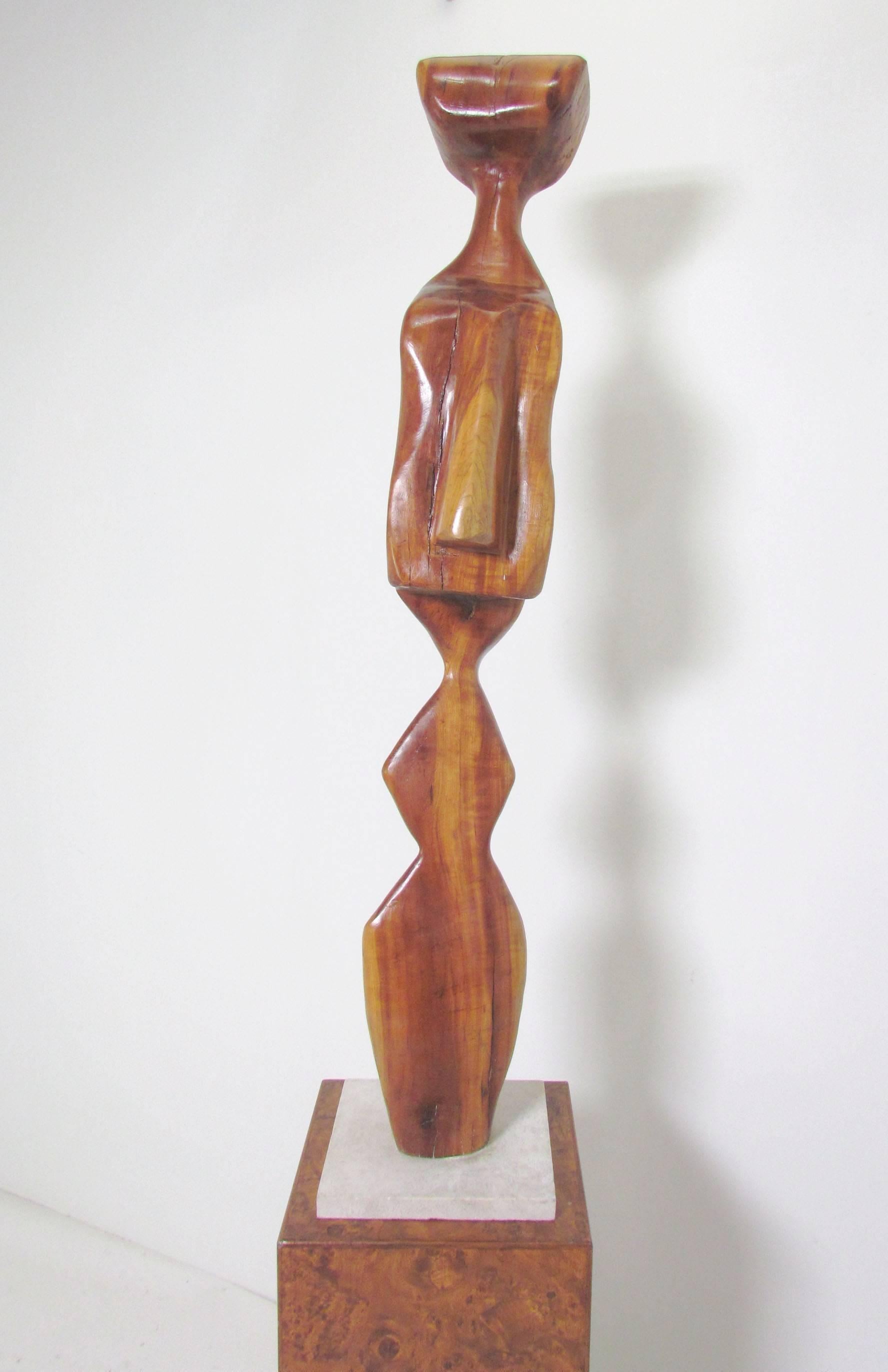 Mid-Century Modern Modernist Carved Wood Sculpture with Burl Pedestal Signed A. Janes, D. 1974