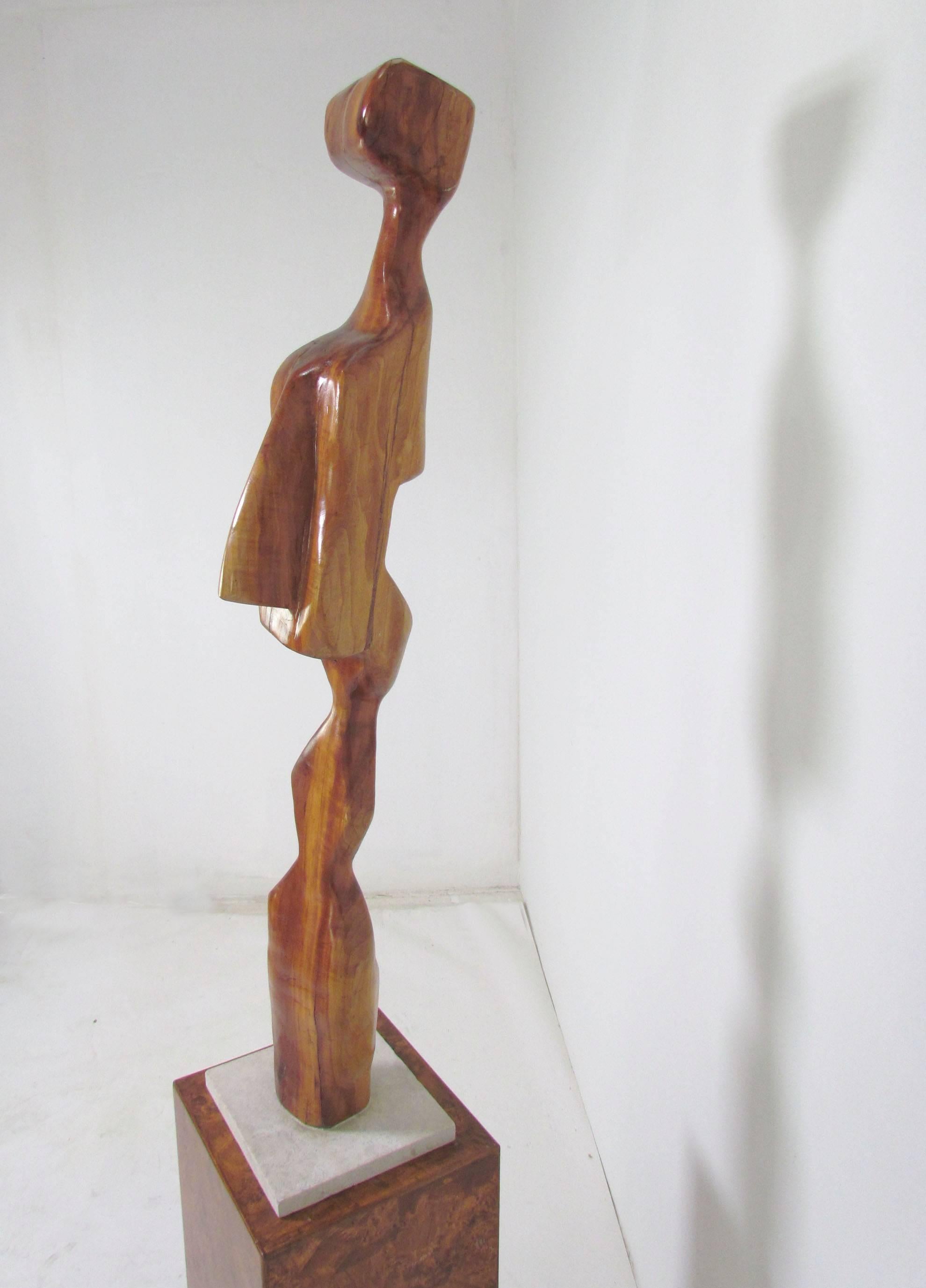 Modernist Carved Wood Sculpture with Burl Pedestal Signed A. Janes, D. 1974 In Good Condition In Peabody, MA