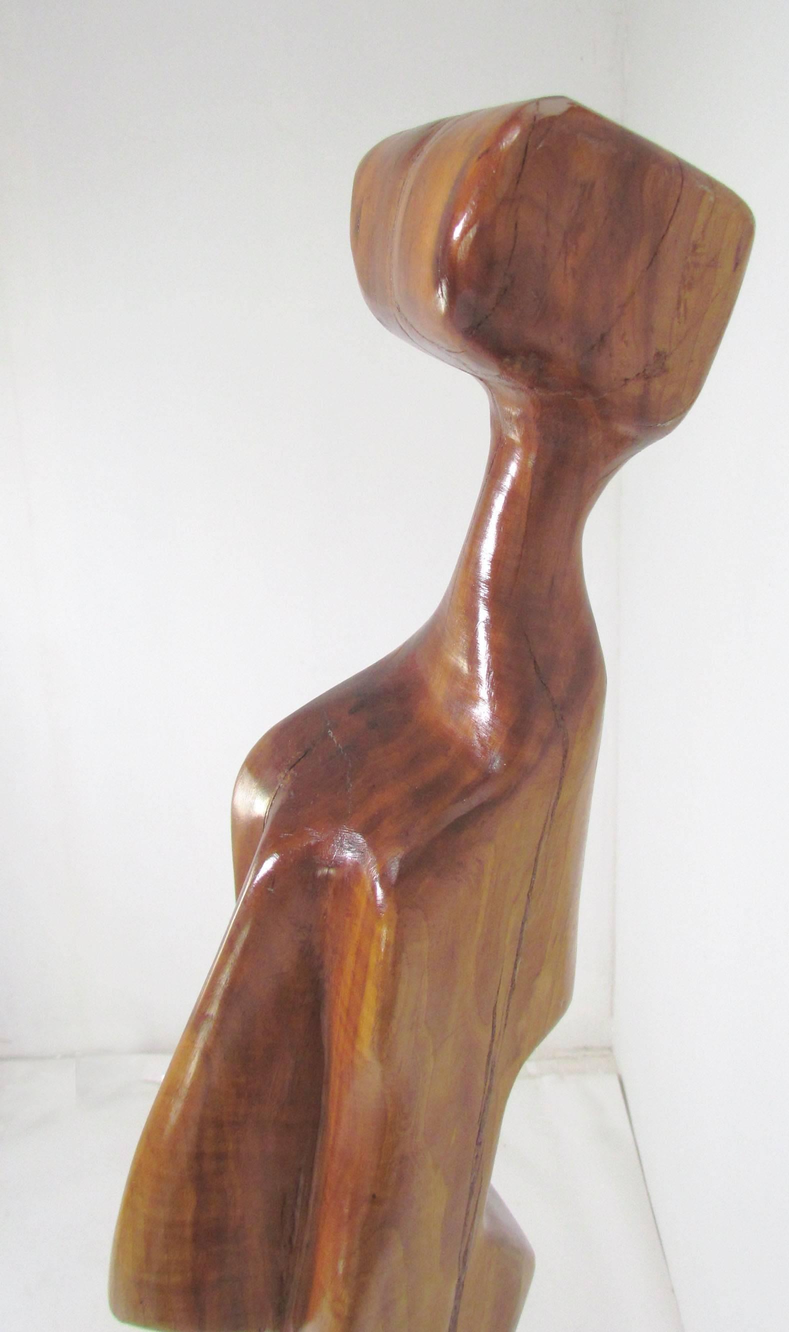 Late 20th Century Modernist Carved Wood Sculpture with Burl Pedestal Signed A. Janes, D. 1974