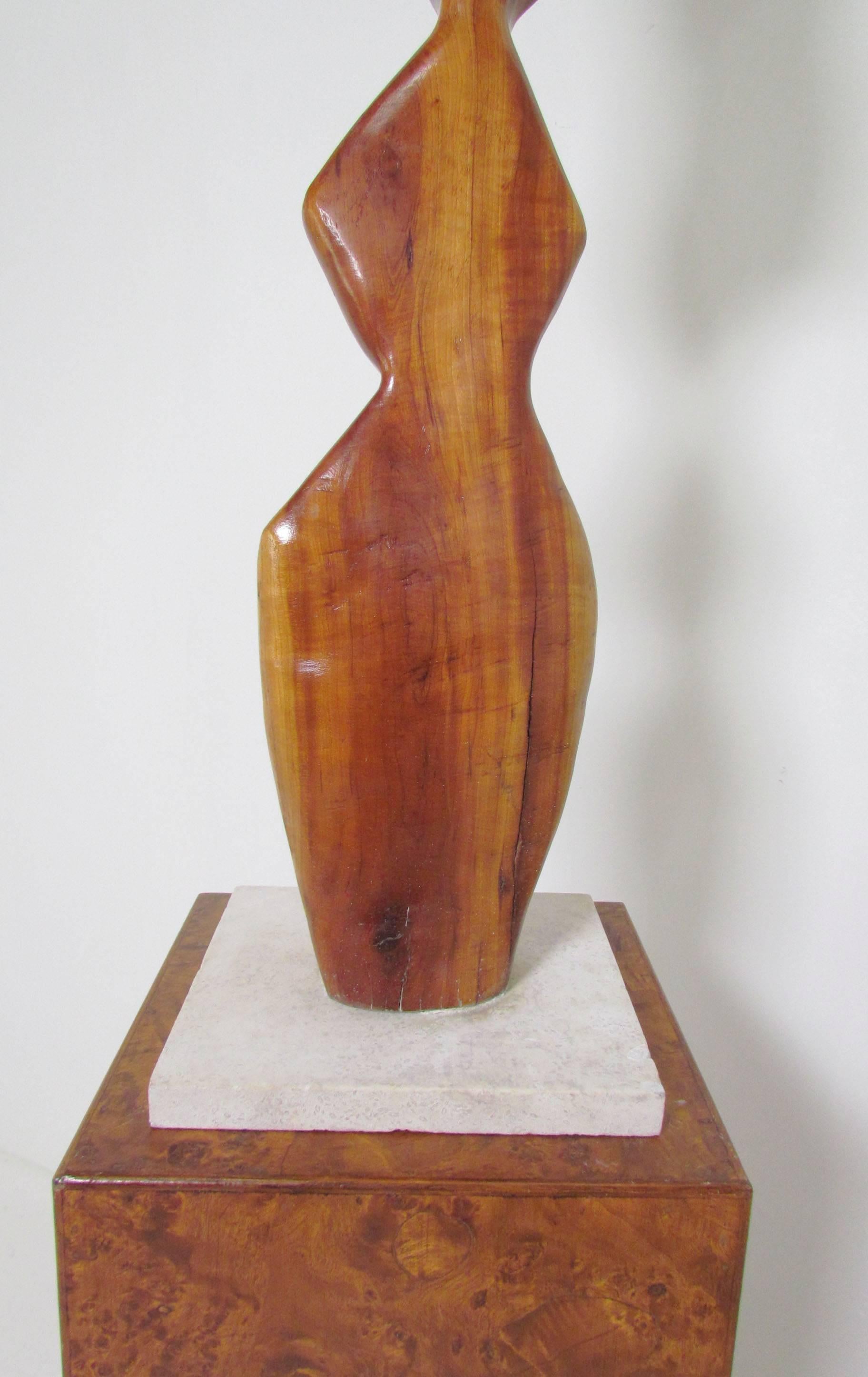 Modernist Carved Wood Sculpture with Burl Pedestal Signed A. Janes, D. 1974 2